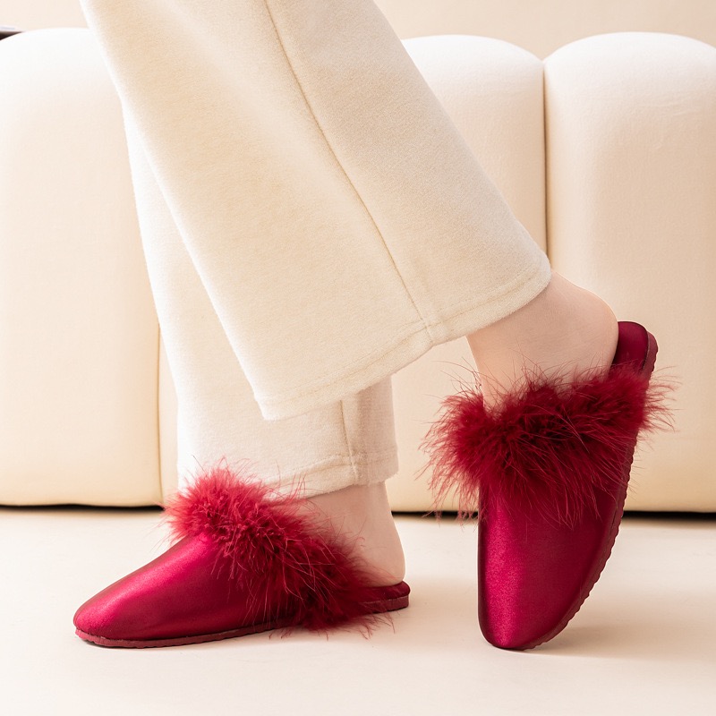 Feather Satin Lounge Slippers
