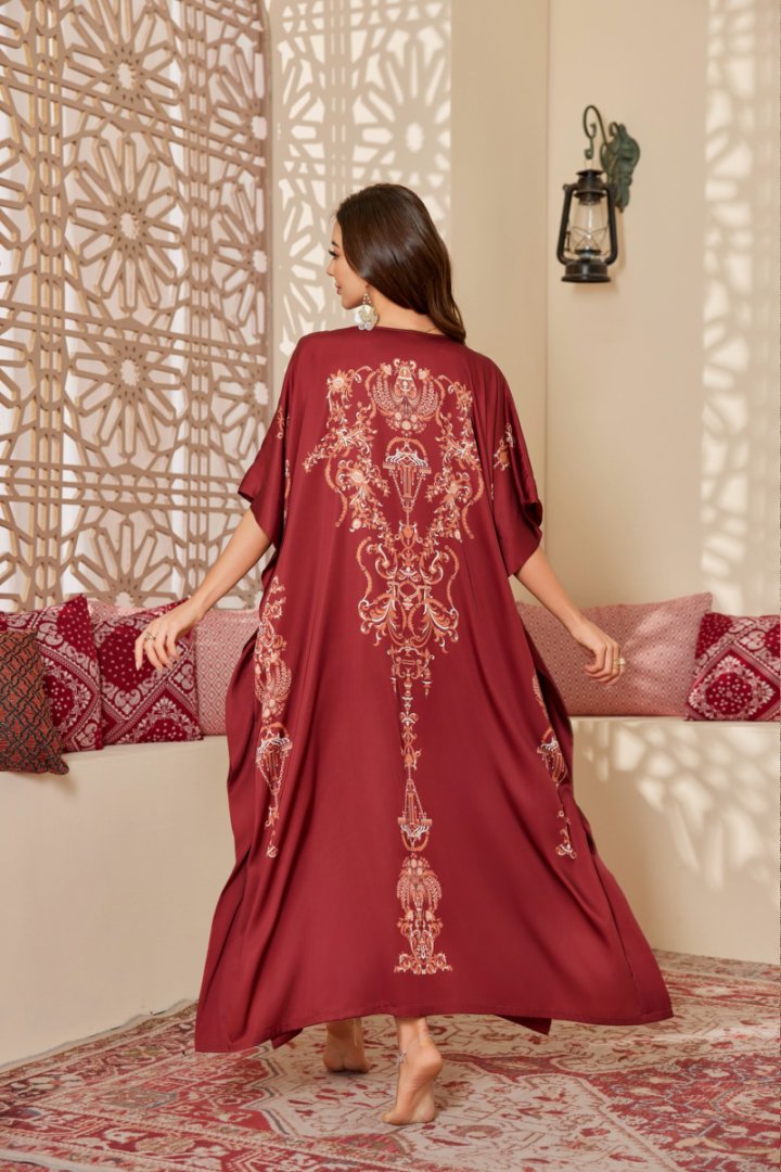 Burgundy Intricate Golden Printed Silk-like Maxi Kaftan