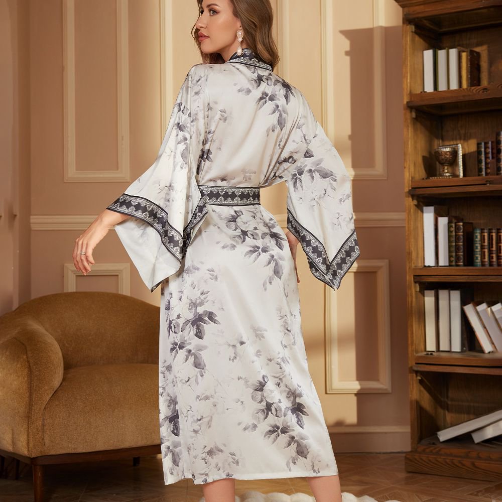 Luxurious Golden-Accented Oriental-Middle Eastern Fusion Satin Robe with Flared Cuffs