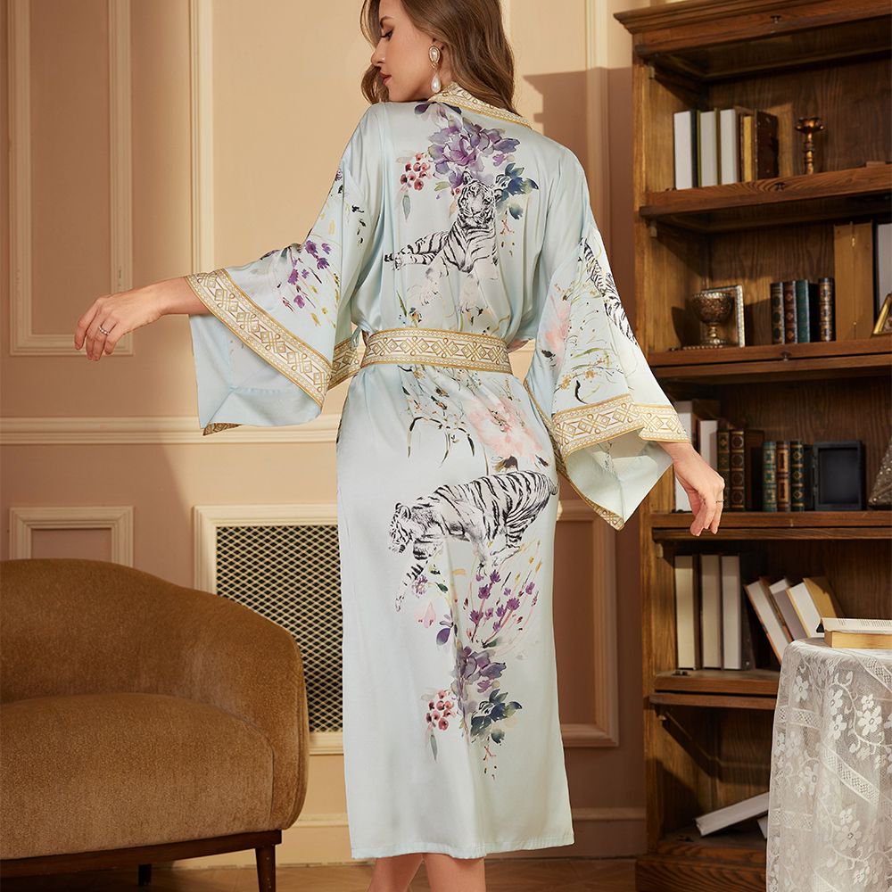 Luxurious Golden-Accented Oriental-Middle Eastern Fusion Satin Robe with Flared Cuffs