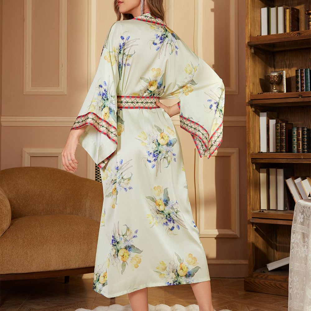 Luxurious Golden-Accented Oriental-Middle Eastern Fusion Satin Robe with Flared Cuffs