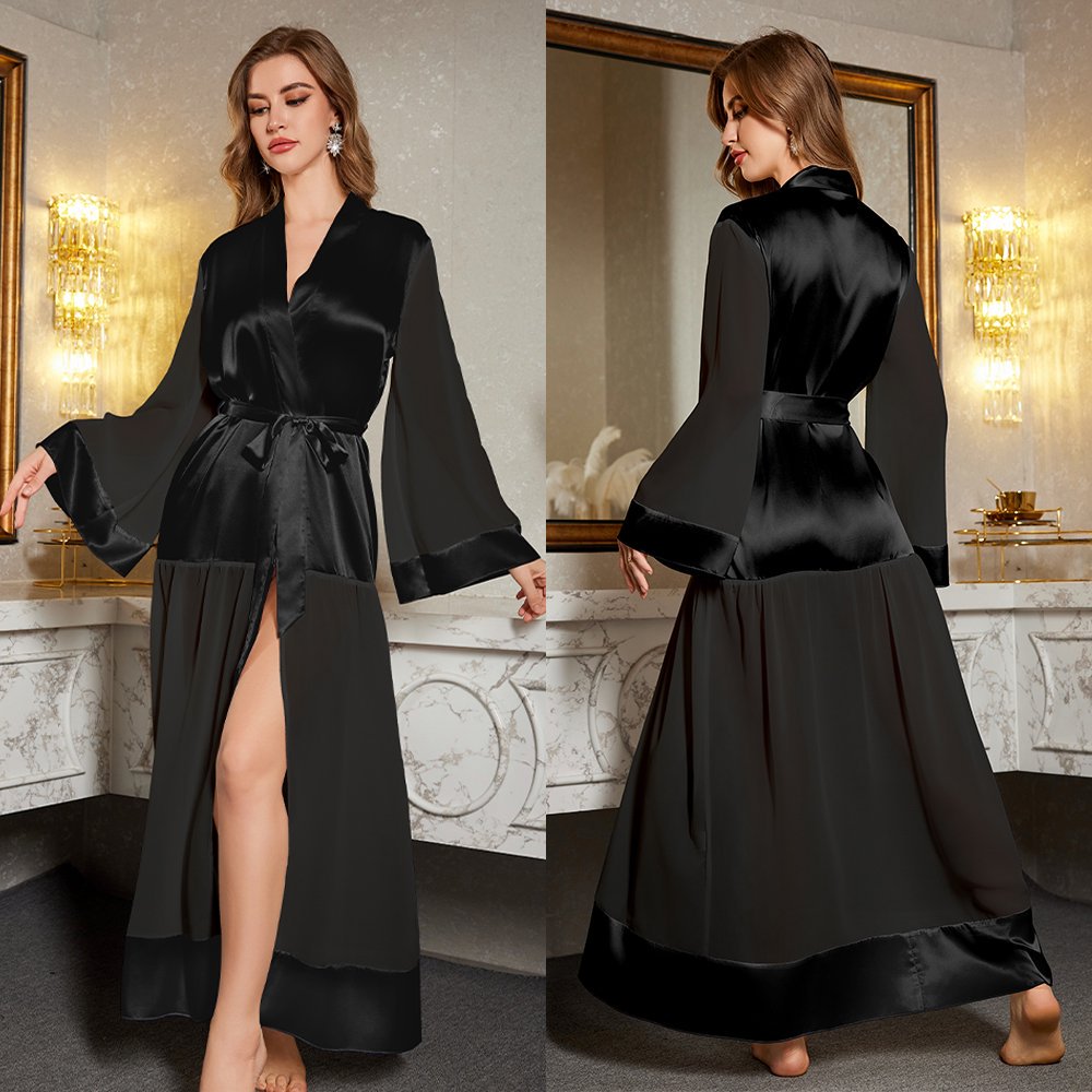 Elegant White Satin Kimono Robe with Sheer Details, Luxurious Loungewear for Women