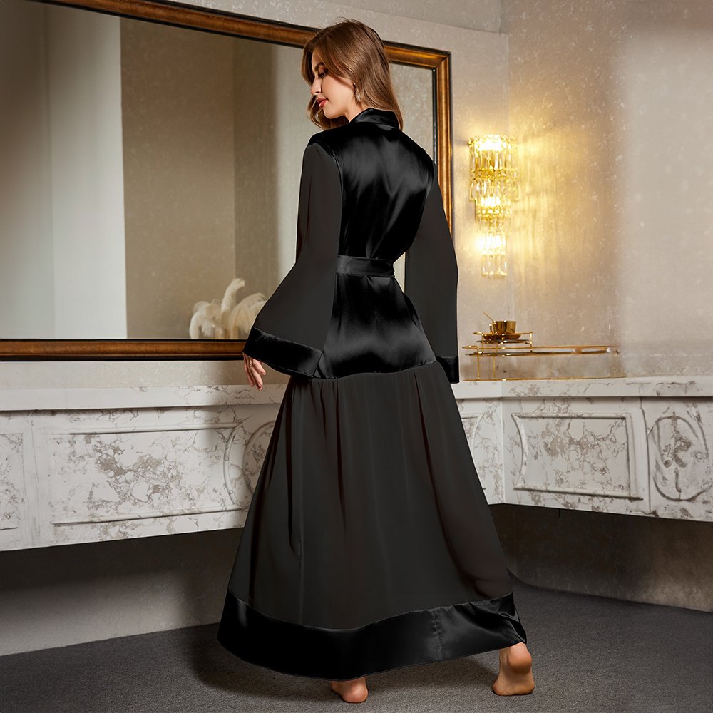 Elegant White Satin Kimono Robe with Sheer Details, Luxurious Loungewear for Women