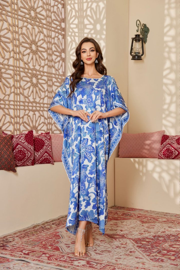 Blue & White Floral Printed Silk-like Maxi Kaftan