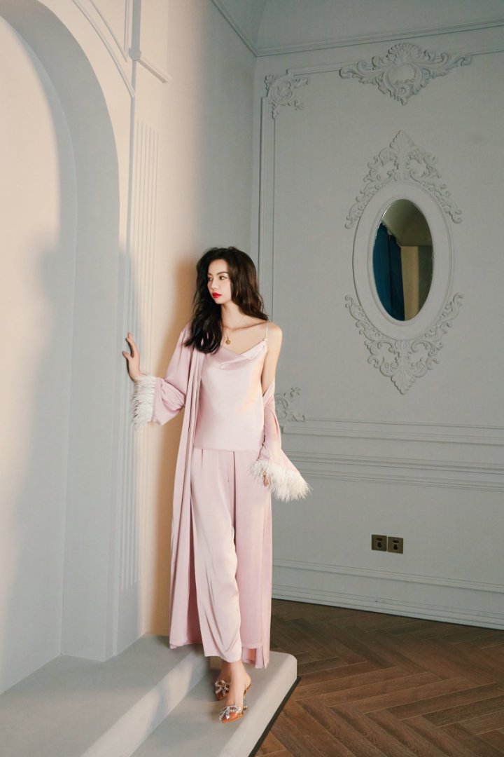 Satin Feather Trim Pajama Set