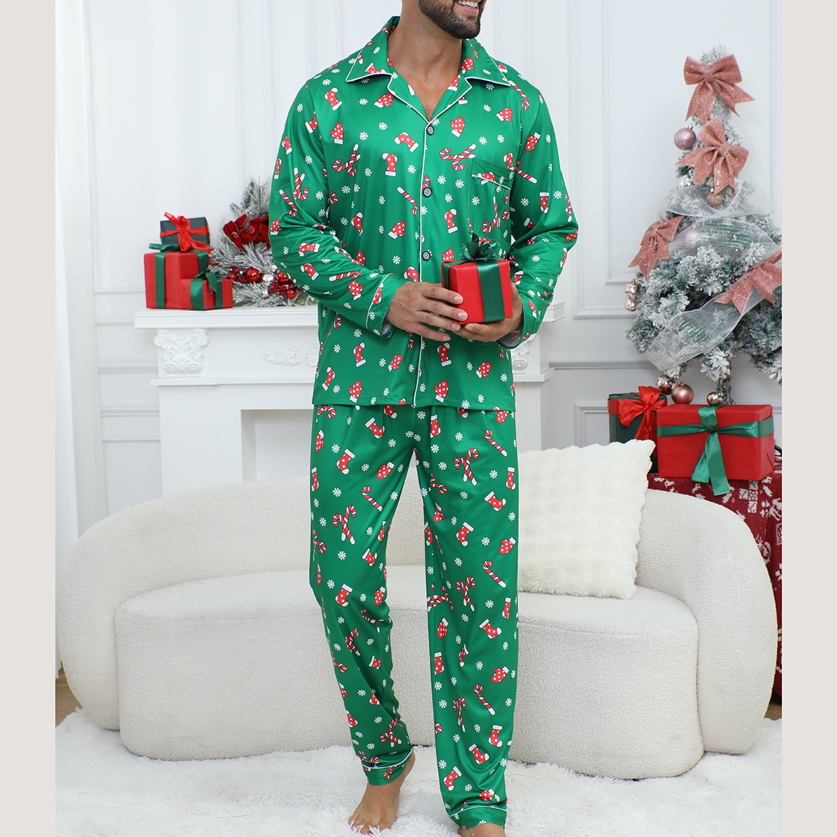 Green Christmas Candy Silky Pajamas