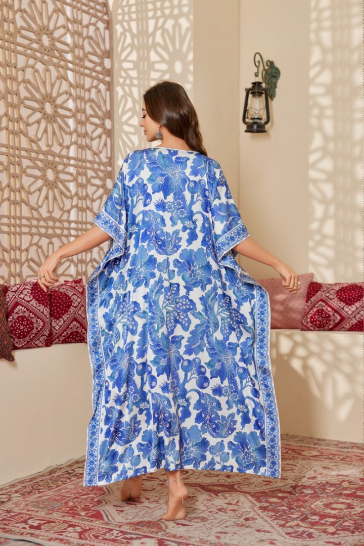 Blue & White Floral Printed Silk-like Maxi Kaftan