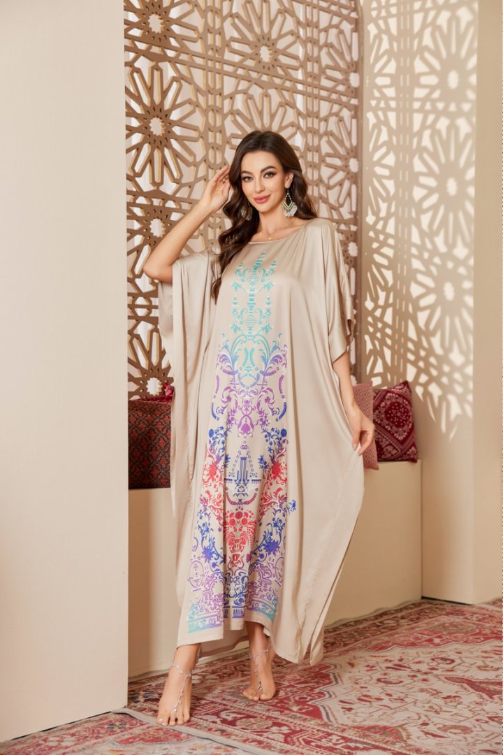 Blue & White Floral Printed Silk-like Maxi Kaftan