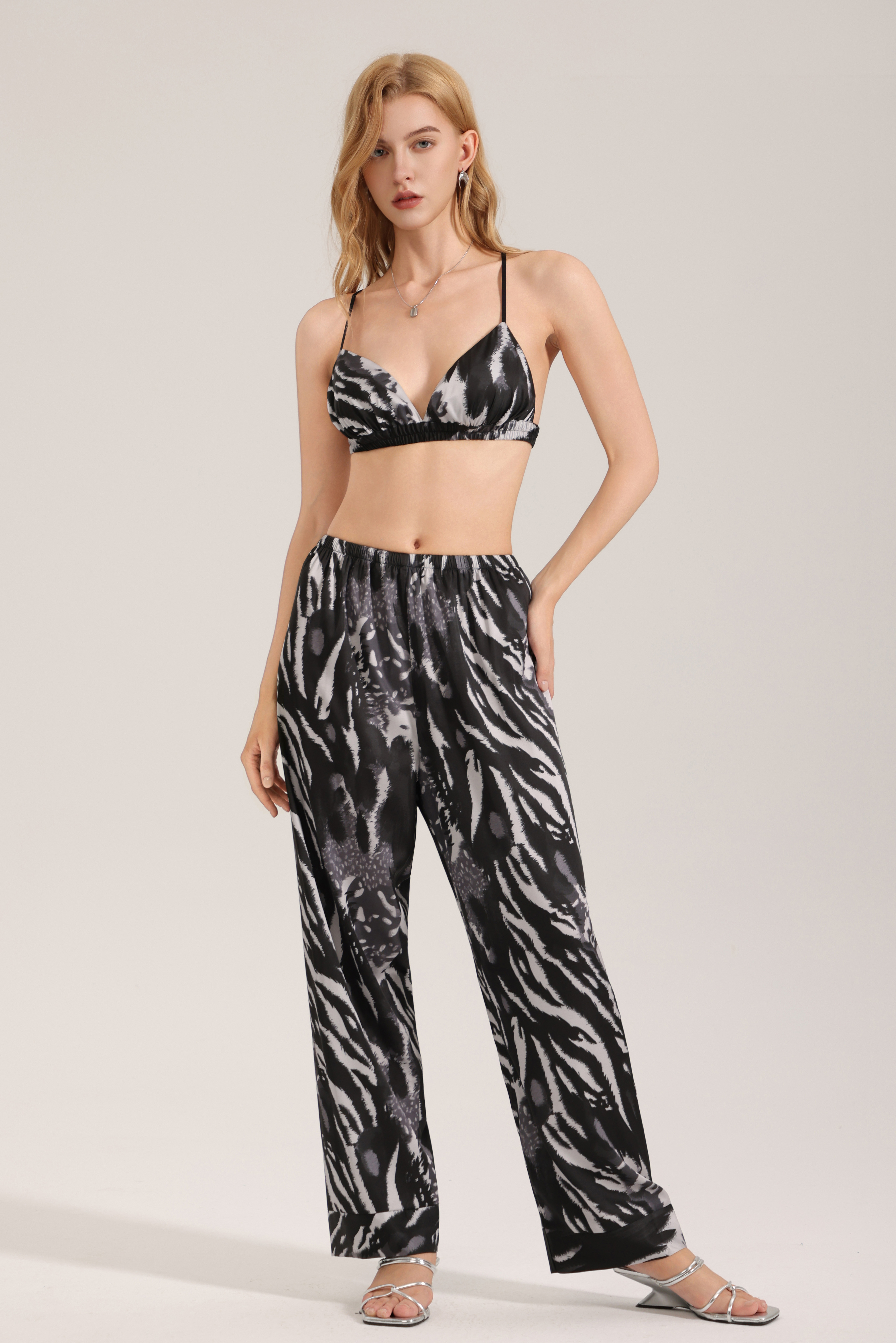 European and American style satin chiffon pajamas women's summer overalls casual loungewear set - inked color