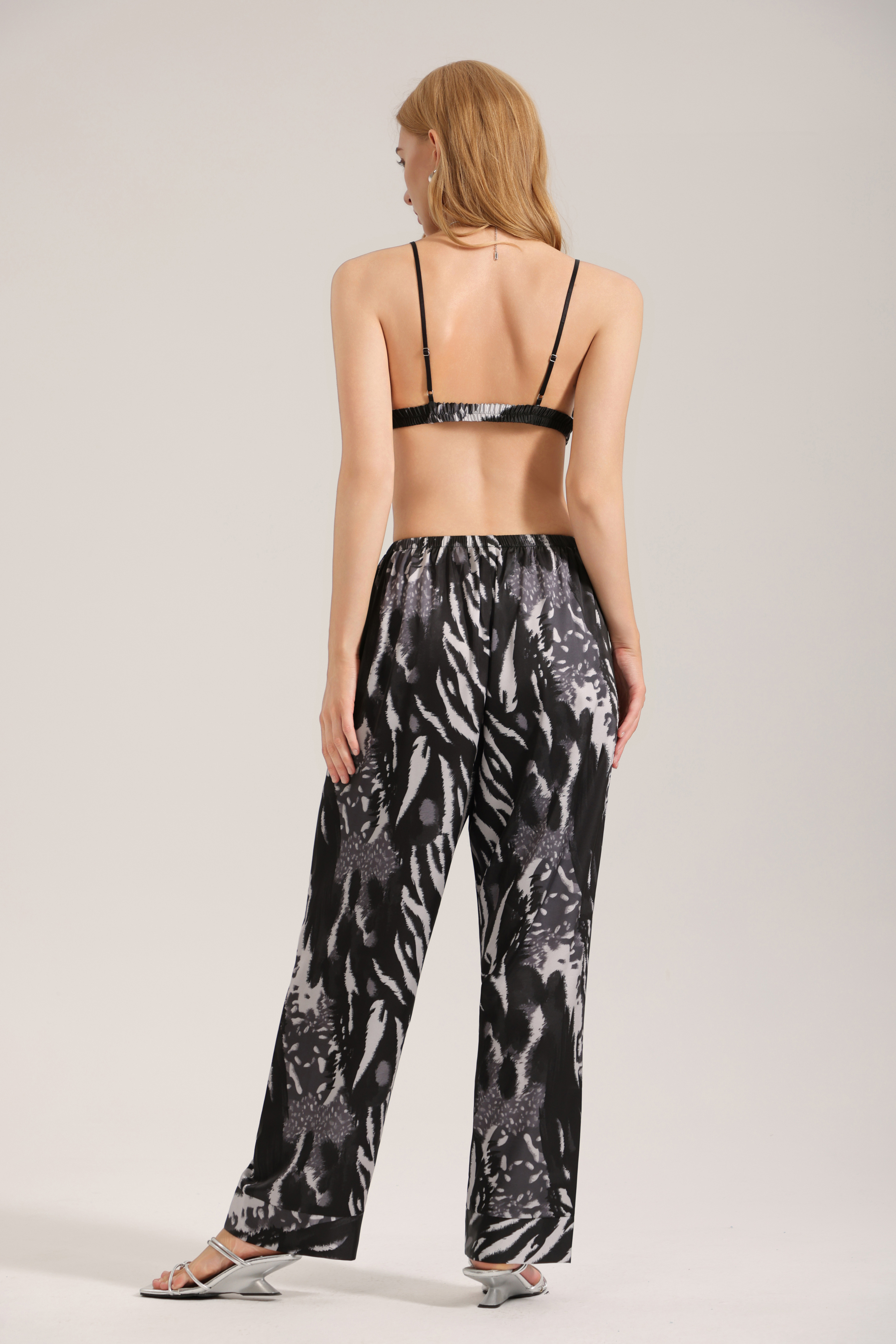 European and American style satin chiffon pajamas women's summer overalls casual loungewear set - inked color