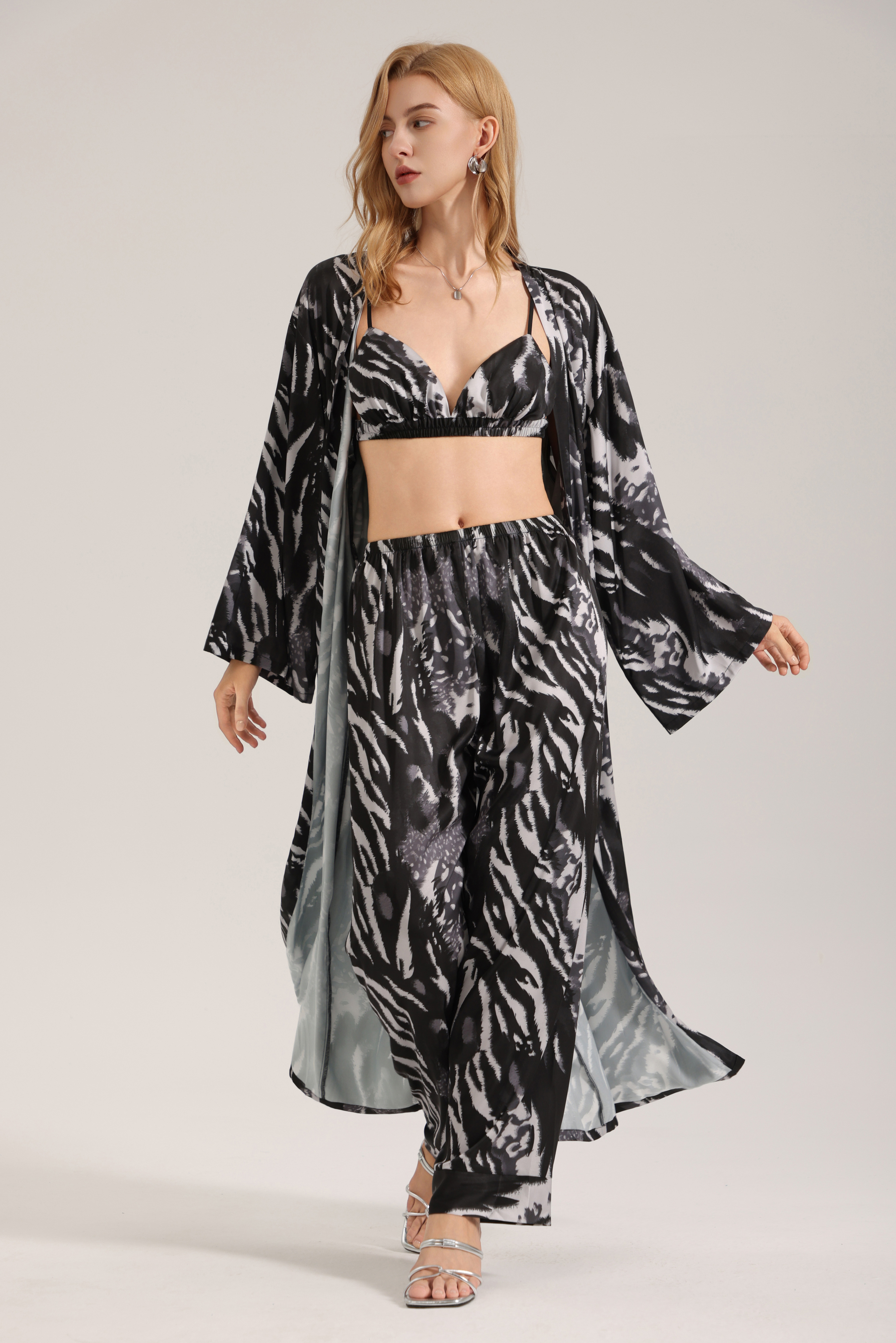 Ink-print leopard print satin pajamas women's summer long robe and trousers three-piece loungewear set