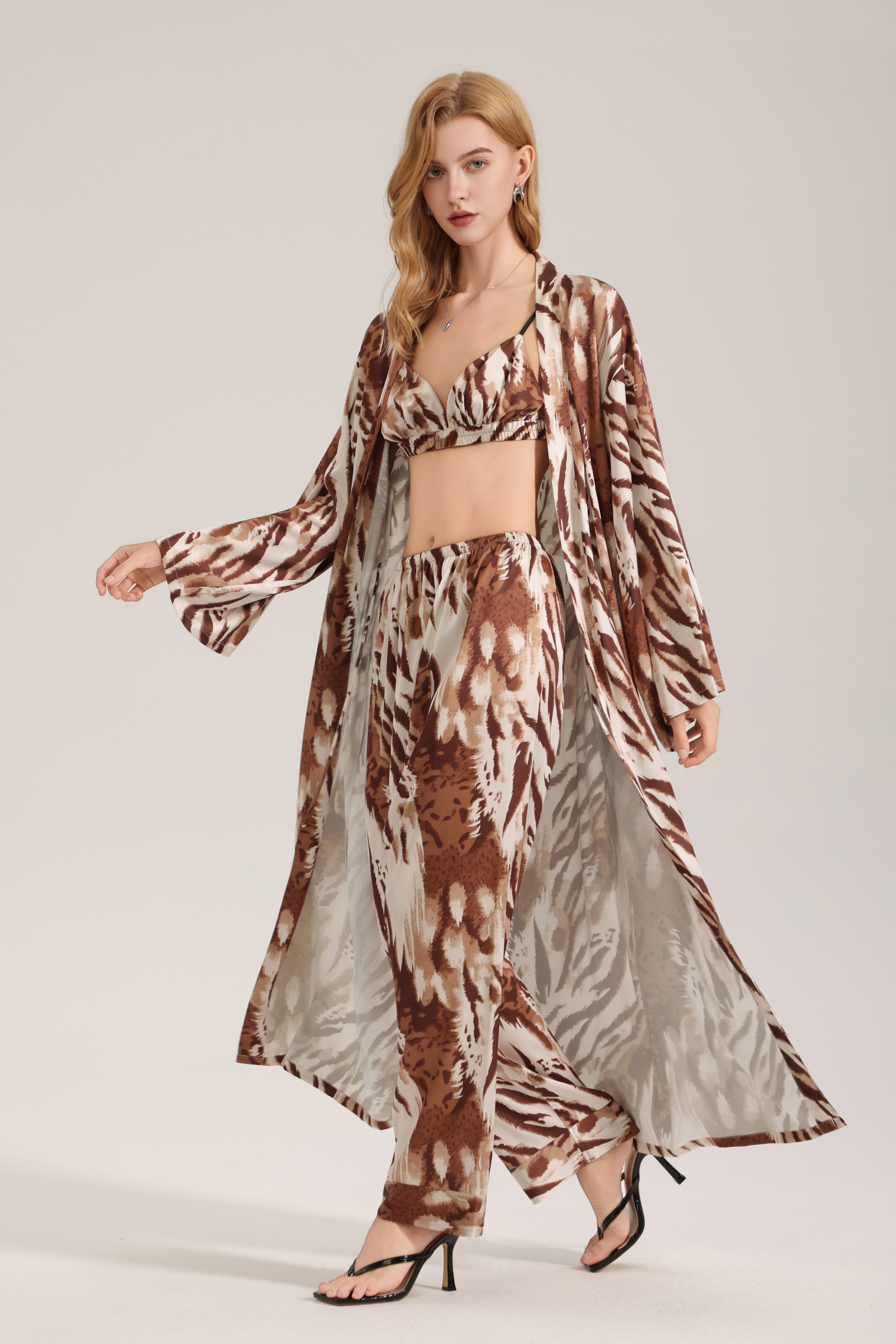 Zebra print satin pajamas for women, summer long robe and trousers, loungewear