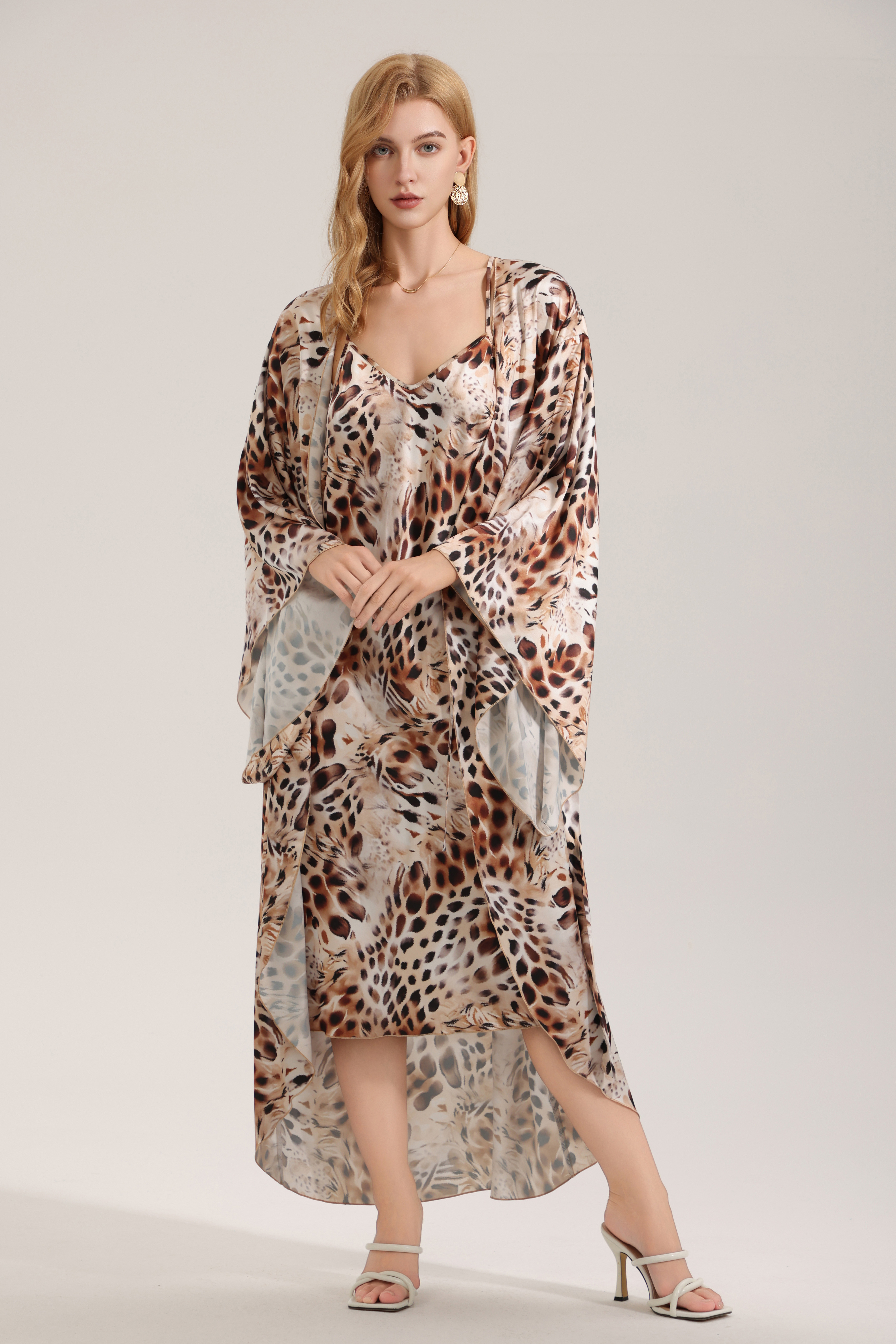 High-end printed satin chiffon camisole robe two-piece set for spring and summer