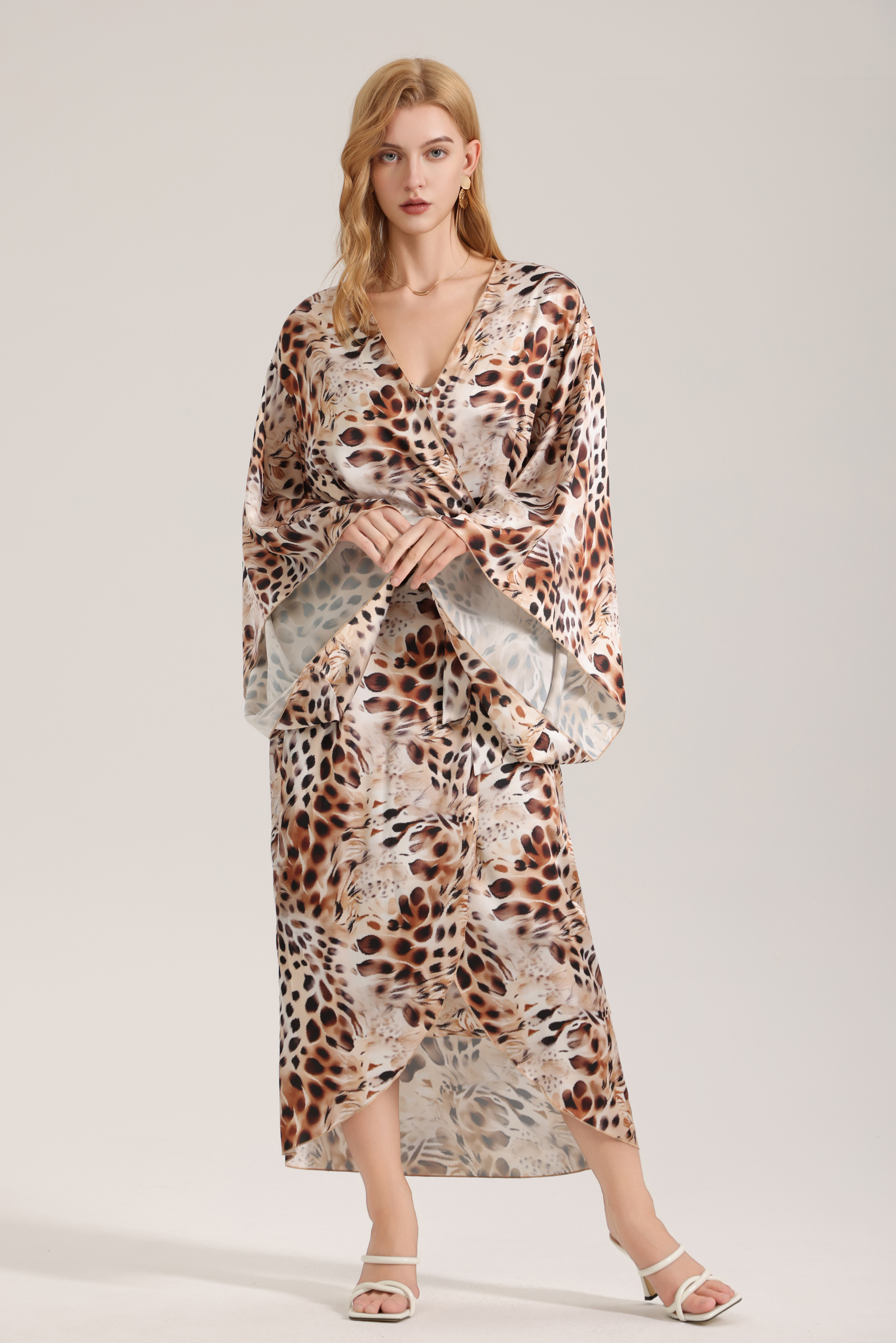 Leopard print satin chiffon long women's robe, a wild and luxurious loungewear