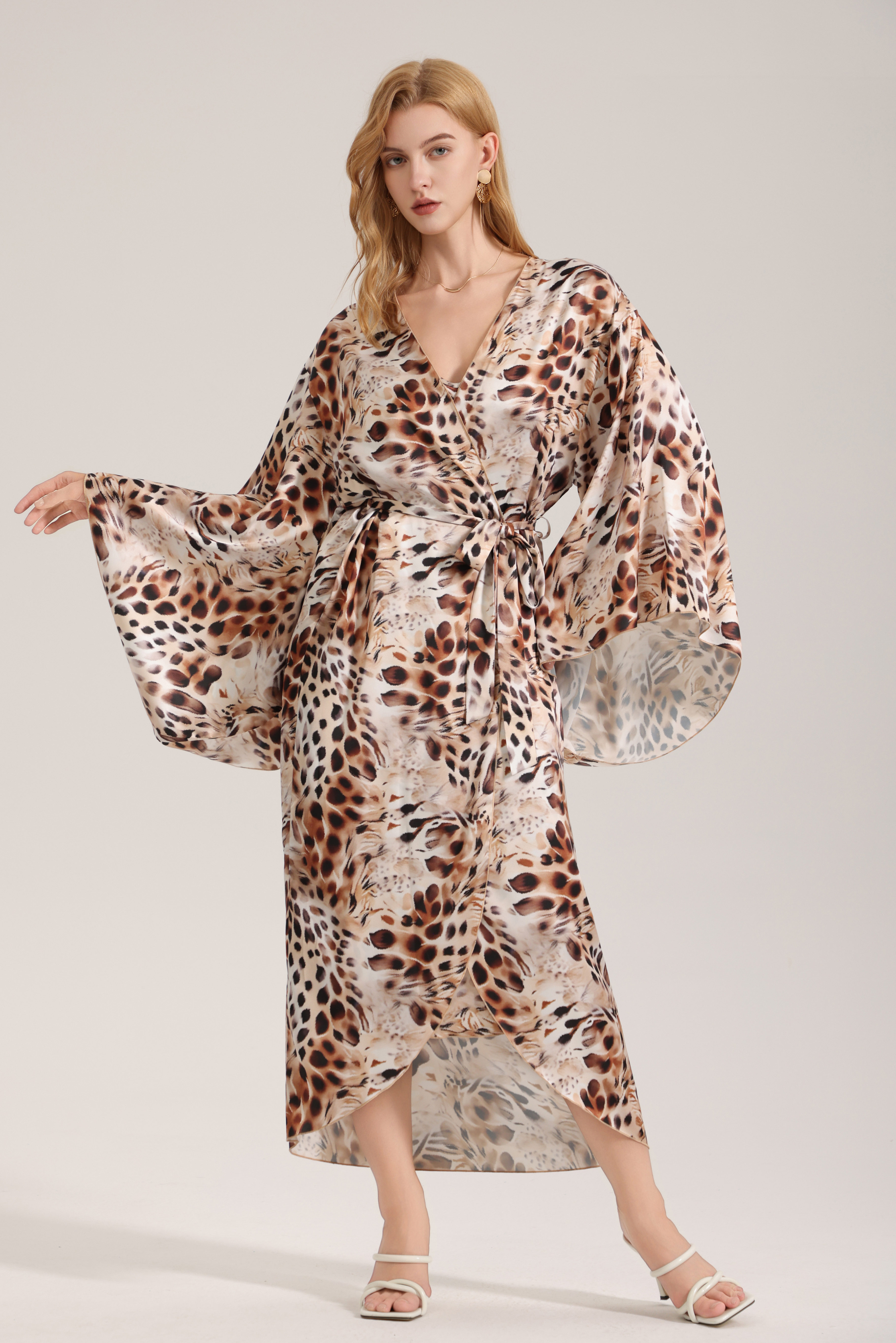 Leopard print satin chiffon long women's robe, a wild and luxurious loungewear