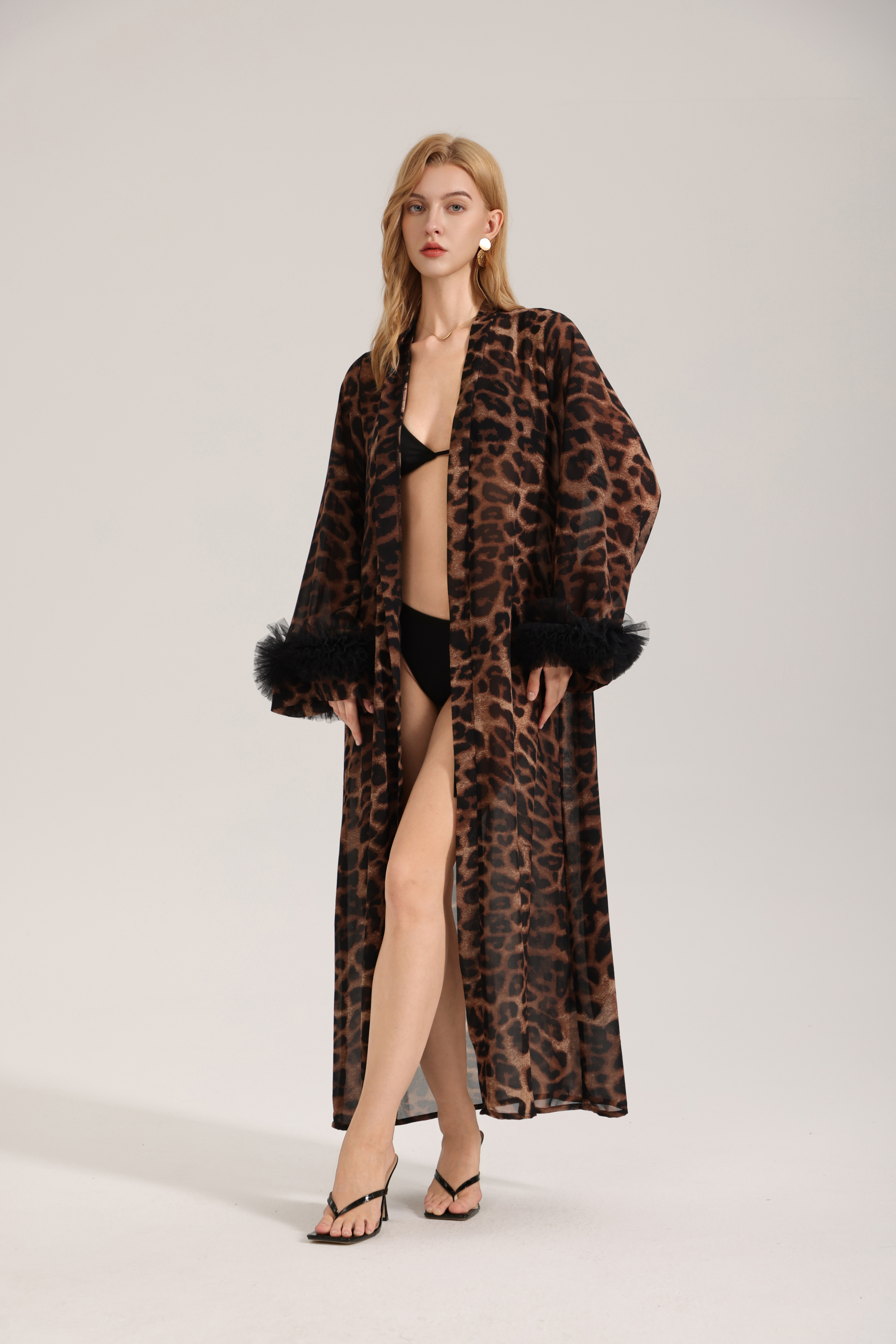 Sexy women's summer and autumn long-sleeved leopard print morning robe pearl yarn loungewear bathrobe