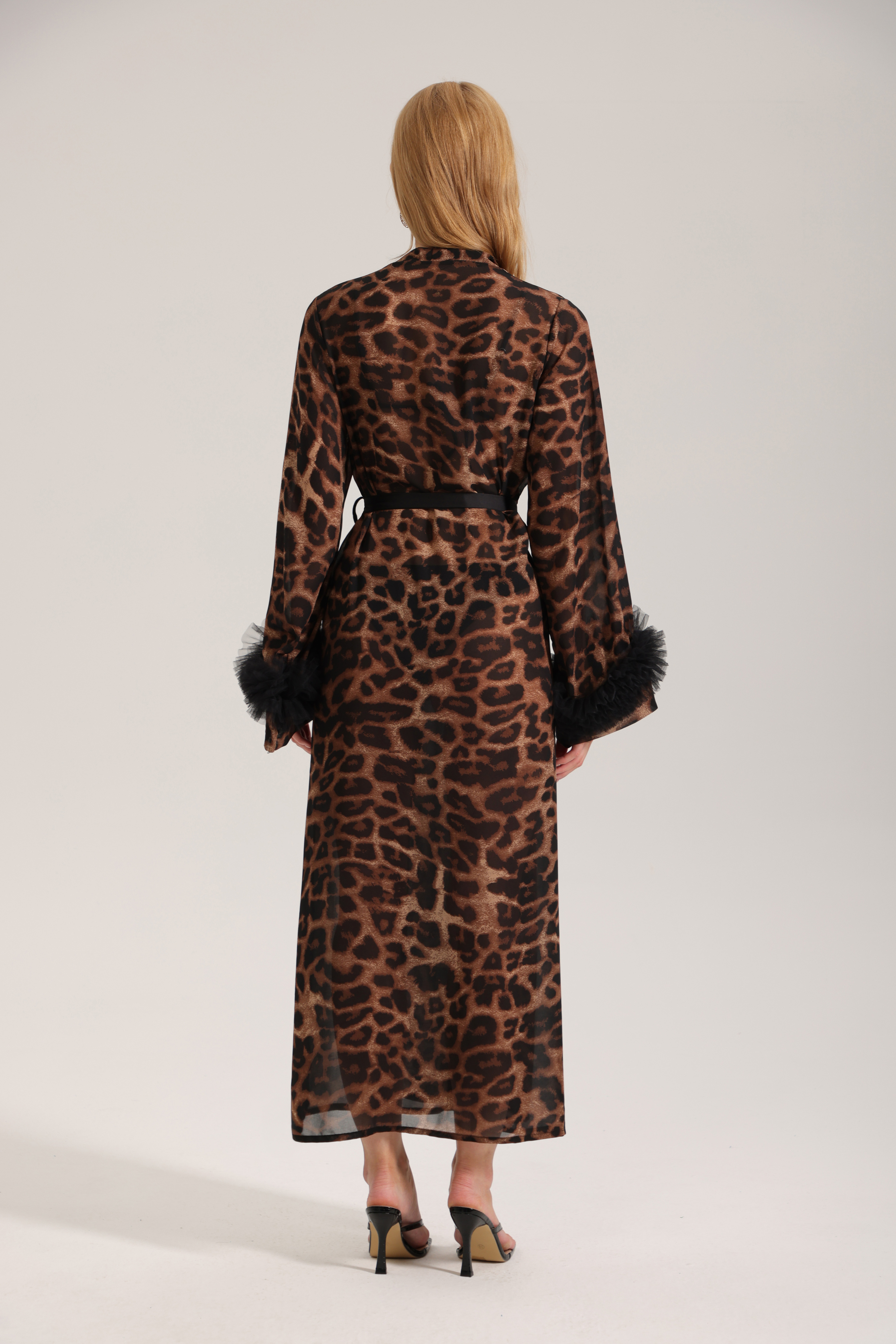 Sexy women's summer and autumn long-sleeved leopard print morning robe pearl yarn loungewear bathrobe