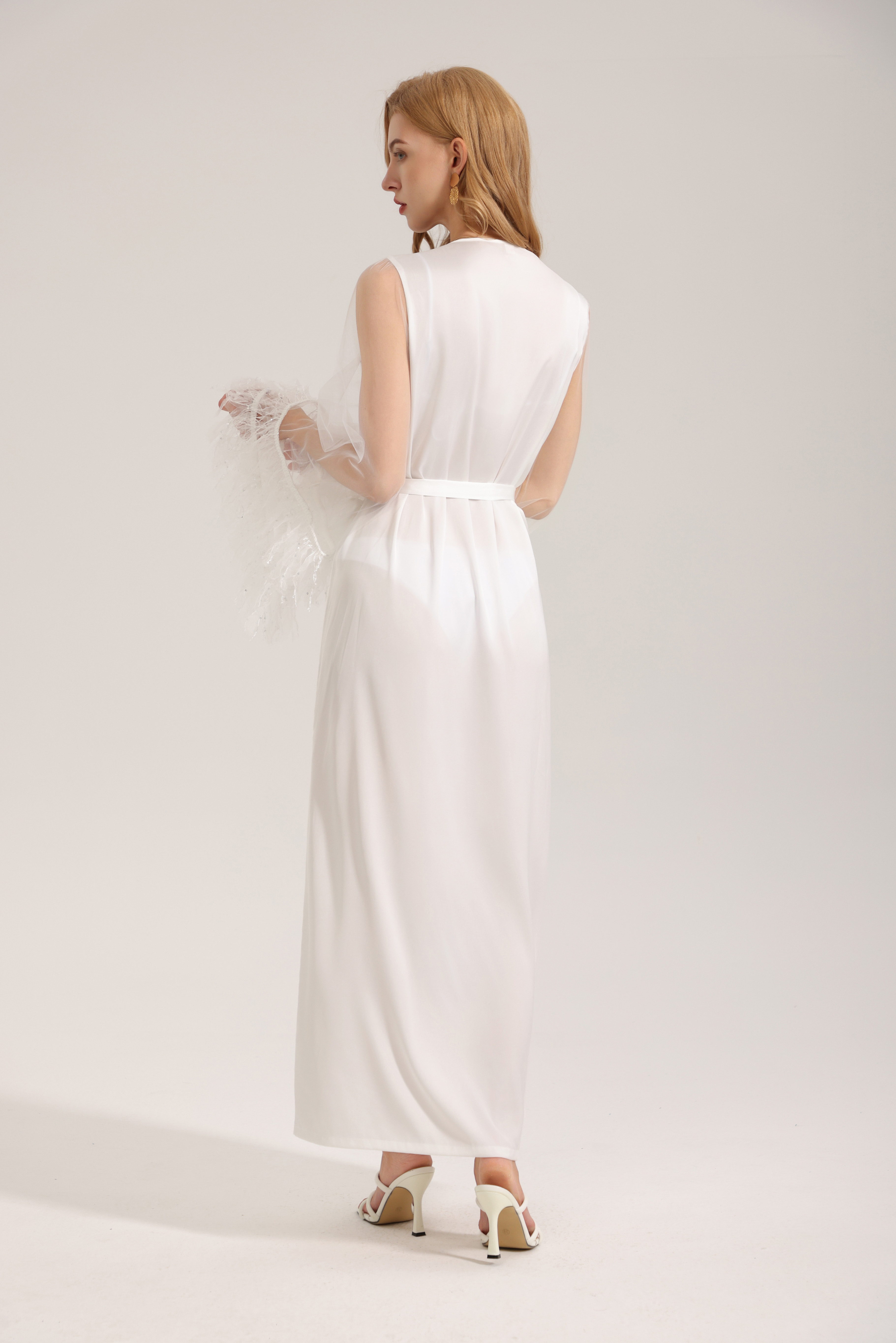 Women's Spring and Autumn Satin Mesh Sexy Long Bathrobe Nightgown Home Wear