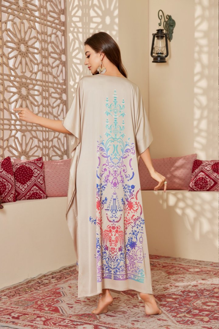 Blue & White Floral Printed Silk-like Maxi Kaftan