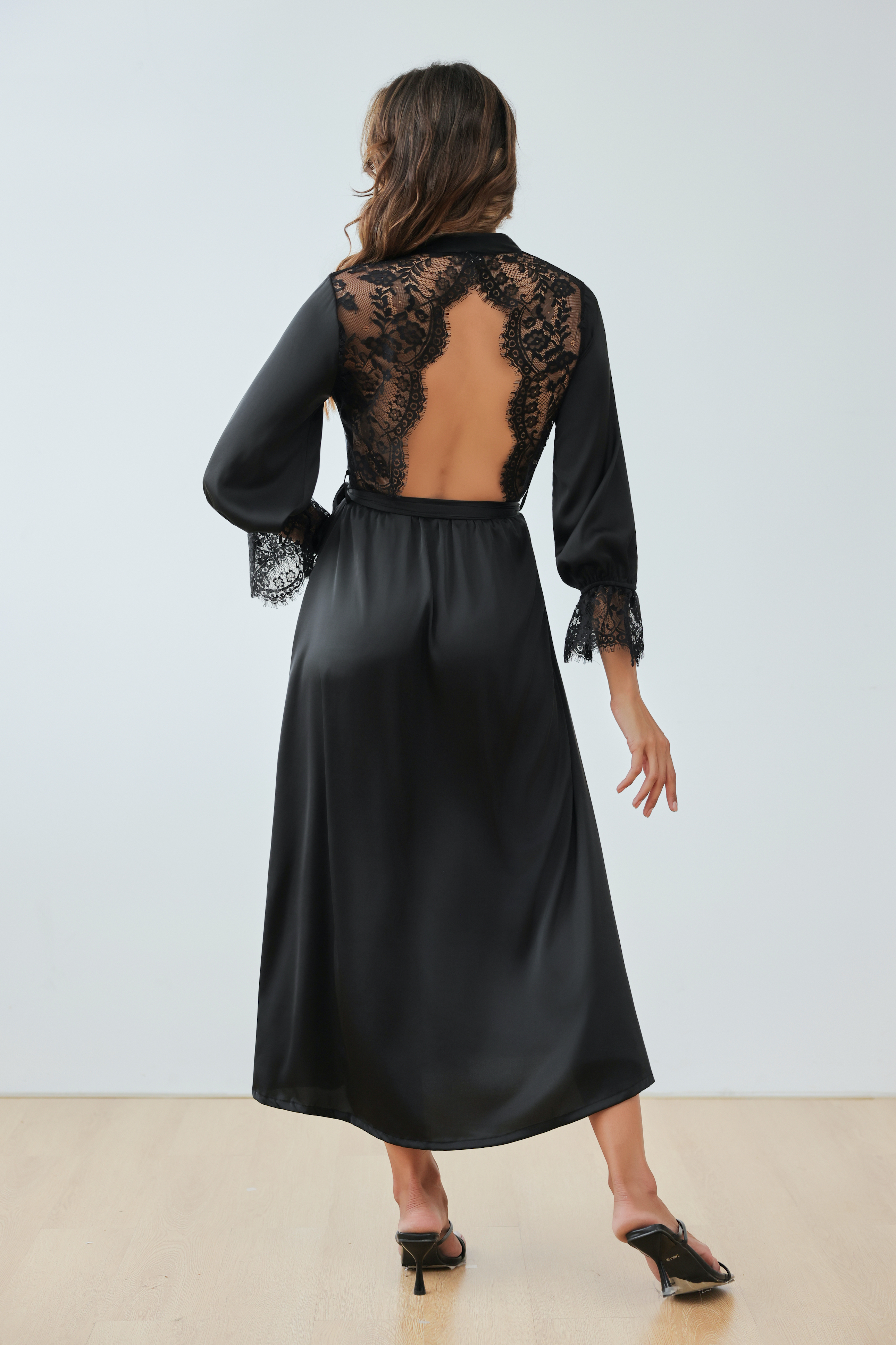 Women's Spring/Summer Pajamas, Satin Chiffon Pajamas with Lace Trim, French Elegance, Backless Robe, Home Wear