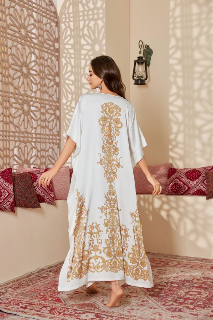 Golden Haze Middle Eastern Kaftan, Gold-Embellished Artisan Modest Loungewear
