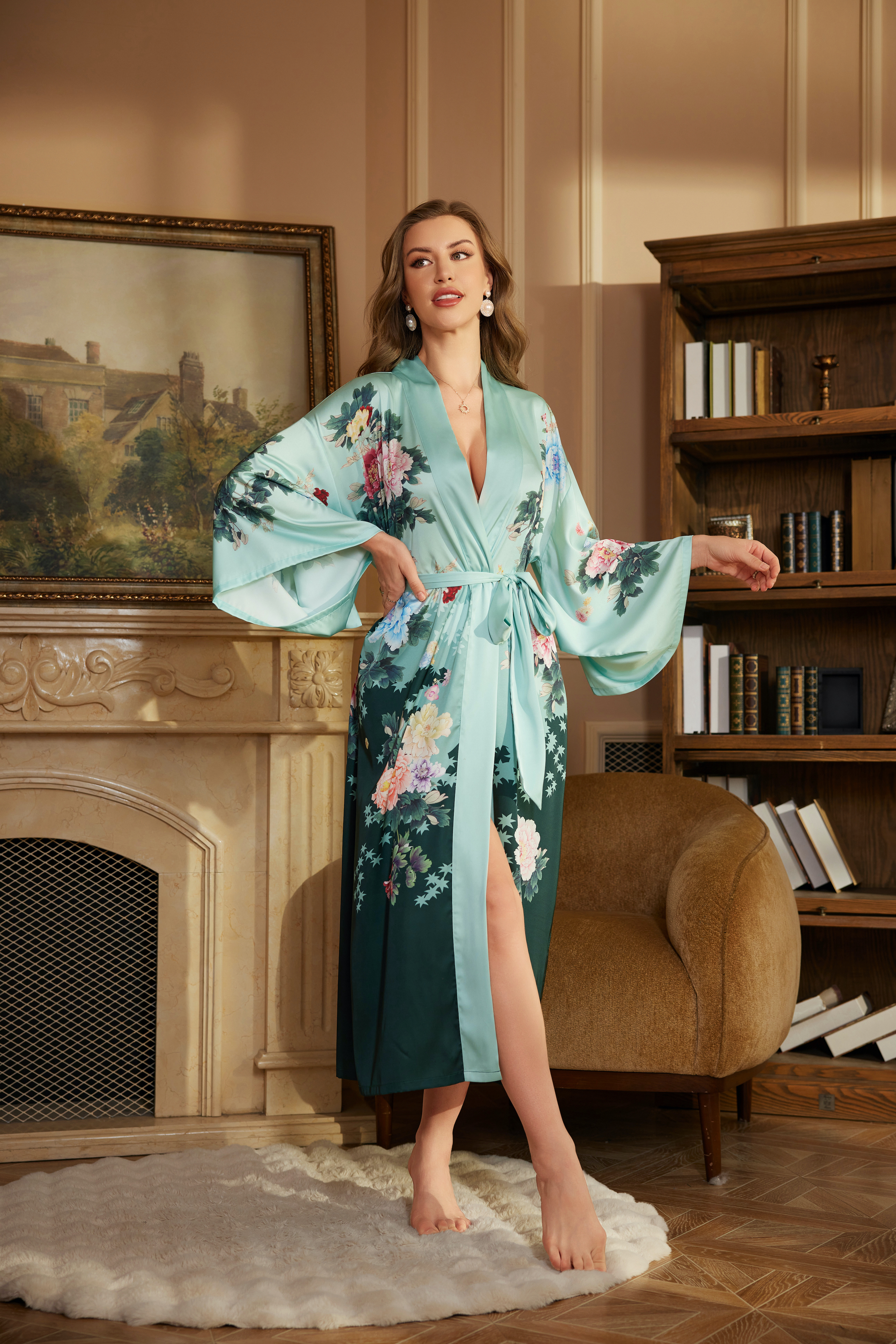 New luxury satin Amazonian bathrobe for women, spring long bathrobe, morning robe, long-sleeved nightgown