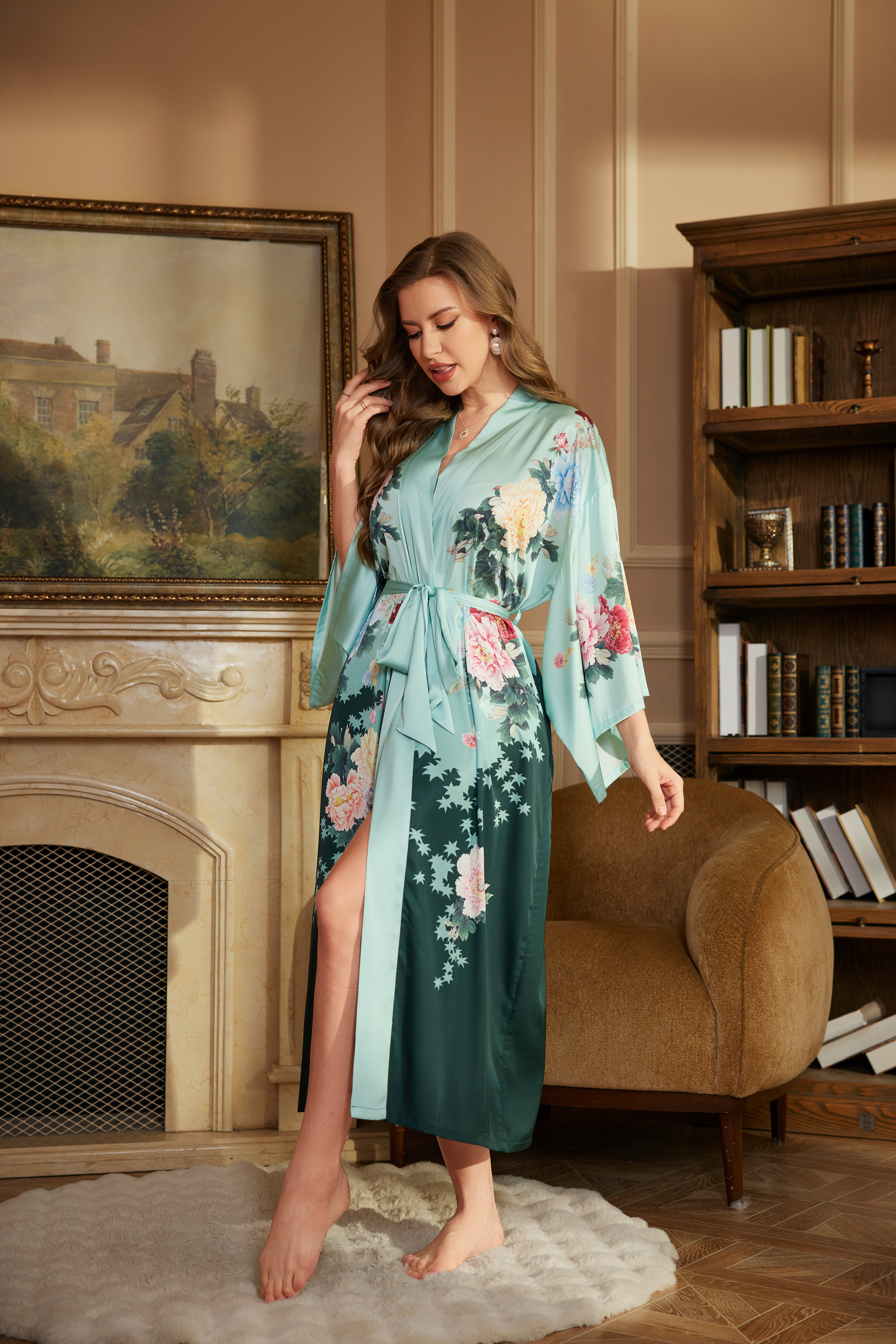 New luxury satin Amazonian bathrobe for women, spring long bathrobe, morning robe, long-sleeved nightgown