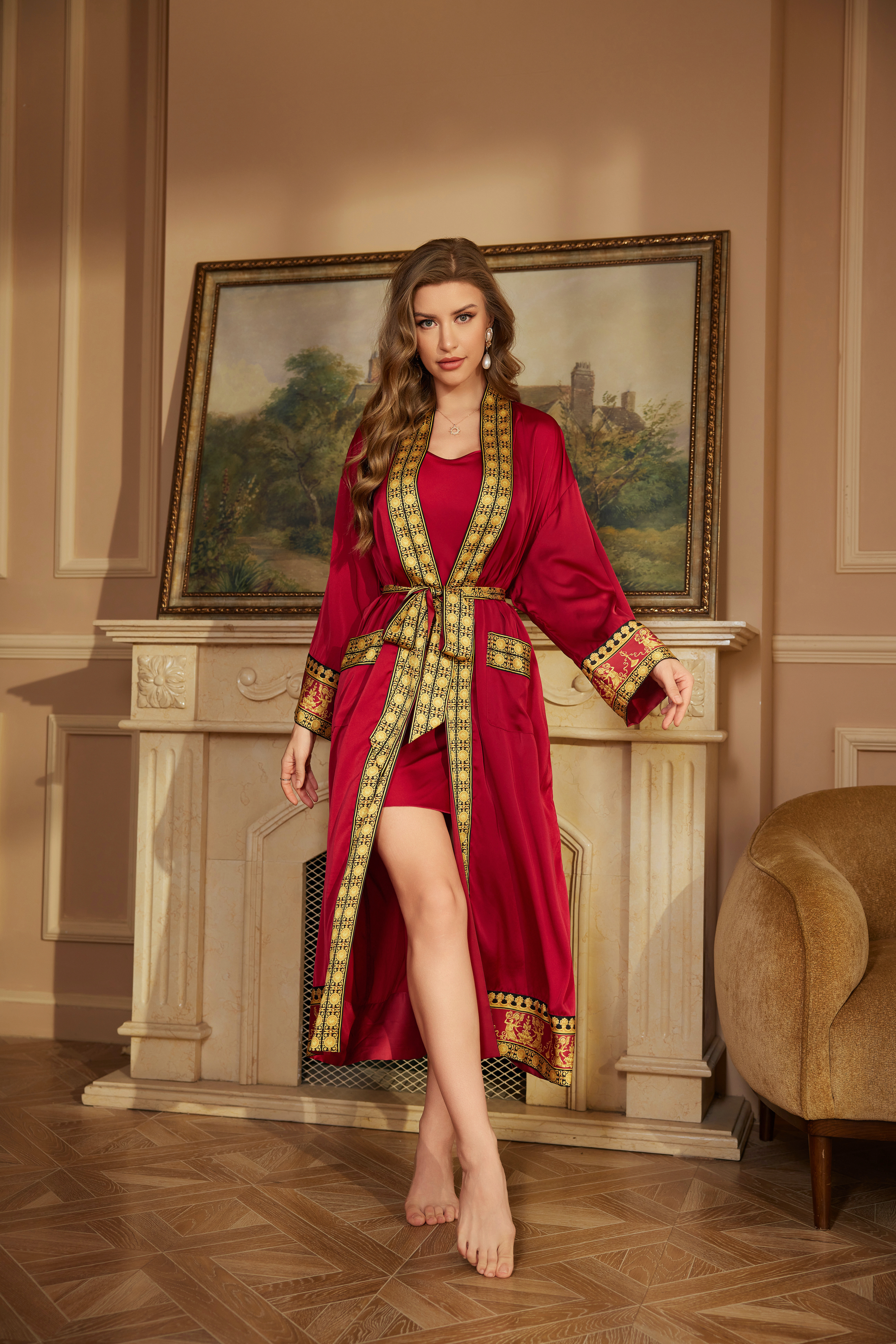 New long-sleeved robe, cross-border style, women's spring and autumn long robe, bathrobe, luxury bathrobe