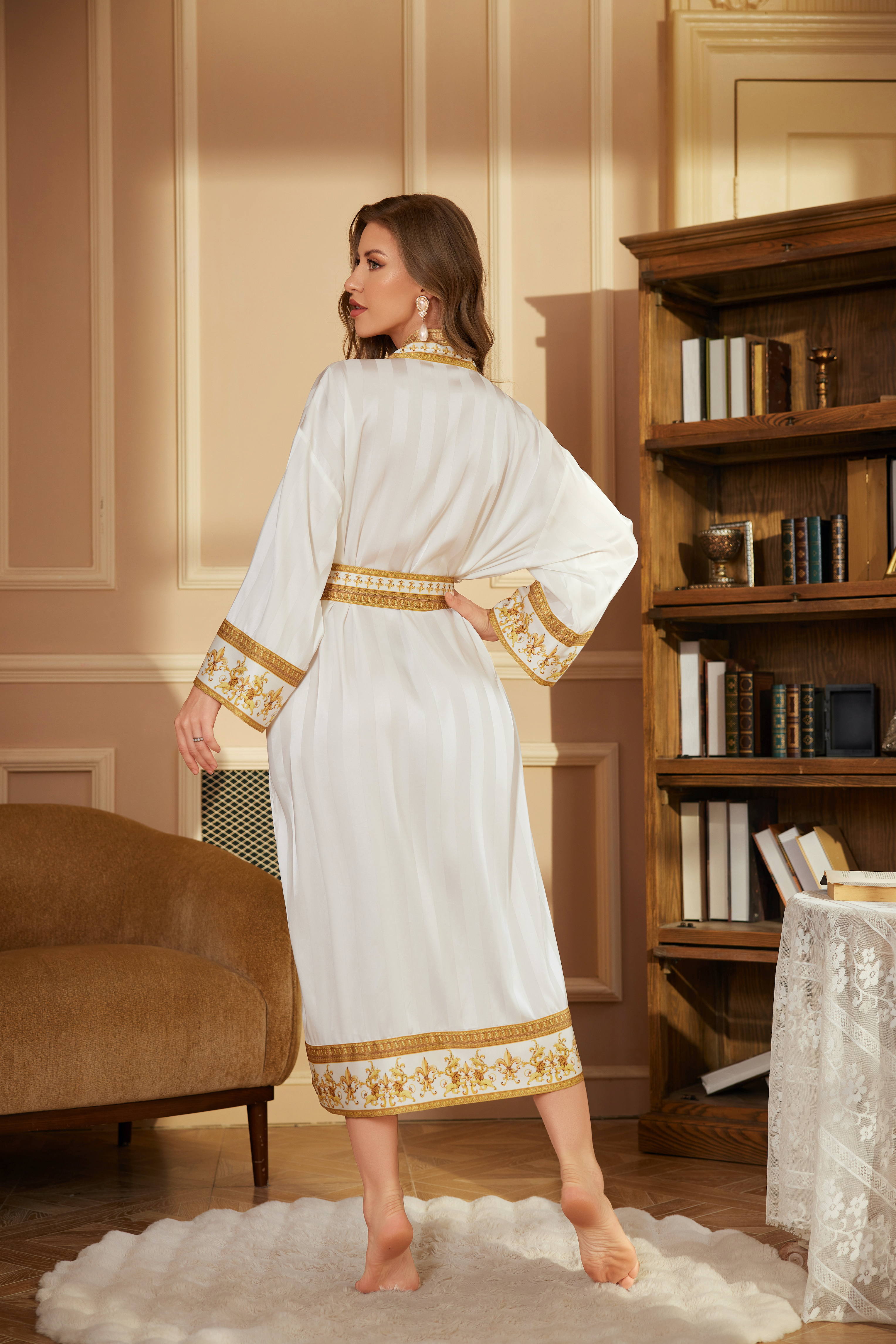 New long-sleeved robe, cross-border style, women's spring and autumn long robe, bathrobe, luxury bathrobe