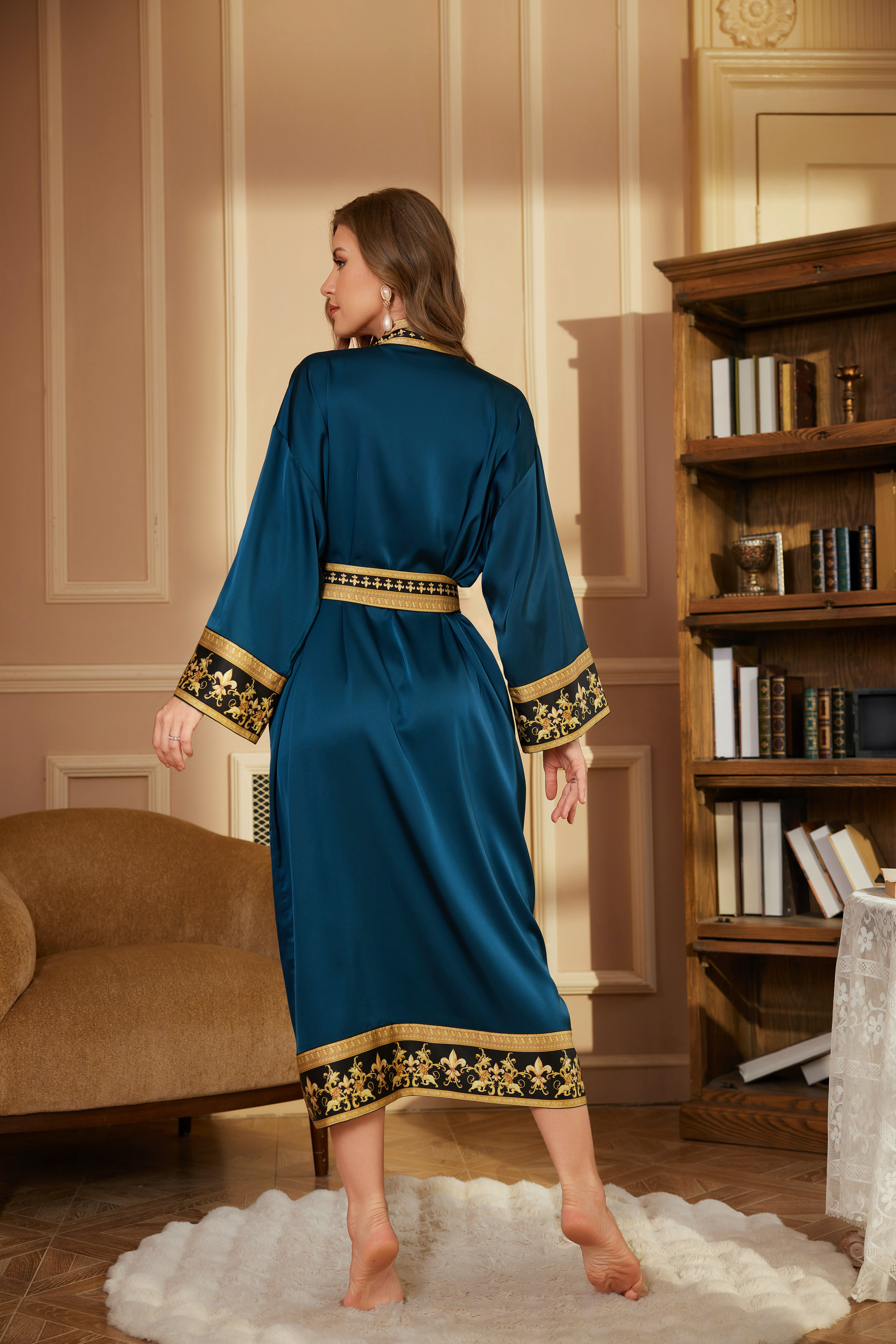 New long-sleeved robe, cross-border style, women's spring and autumn long robe, bathrobe, luxury bathrobe
