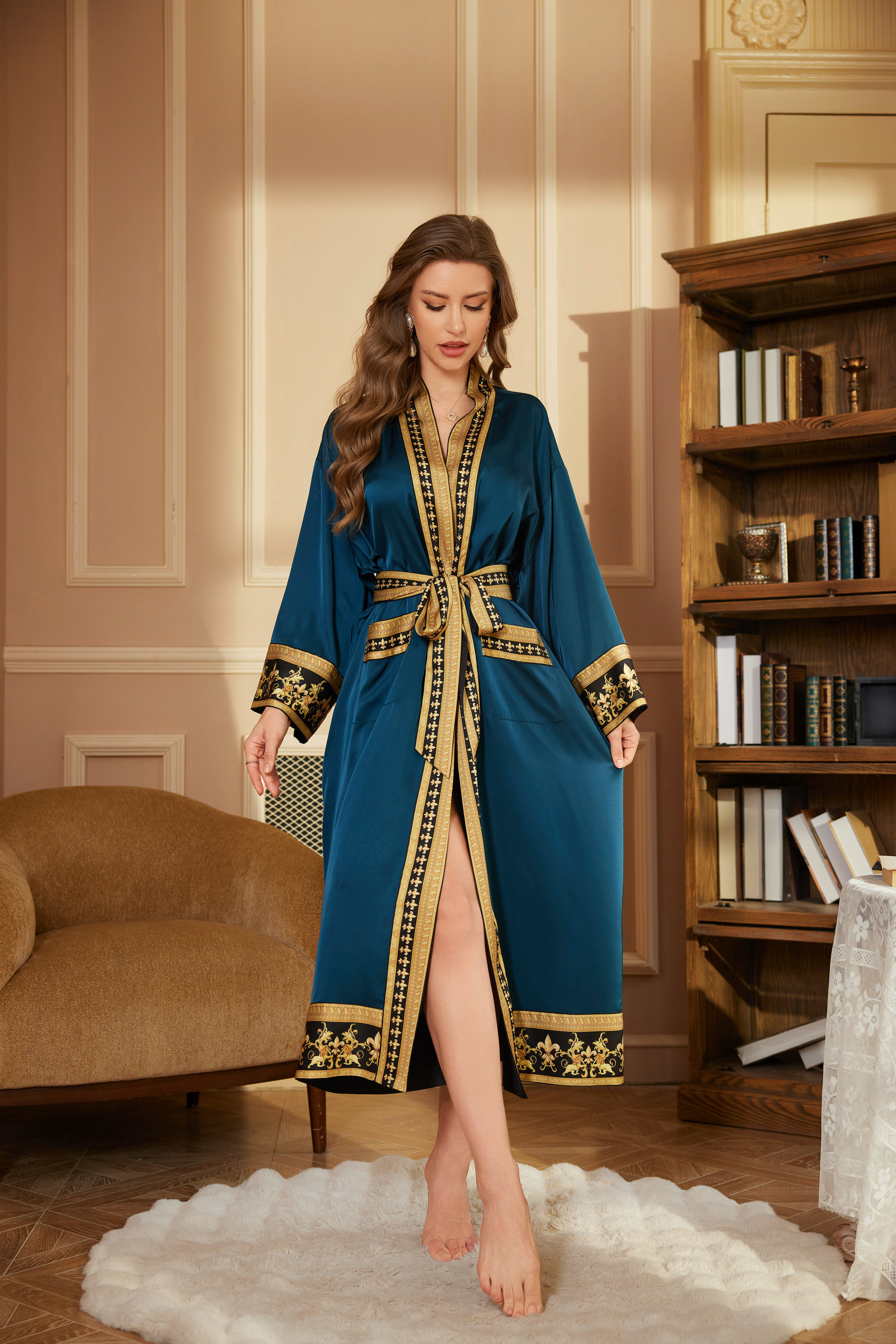 New long-sleeved robe, cross-border style, women's spring and autumn long robe, bathrobe, luxury bathrobe