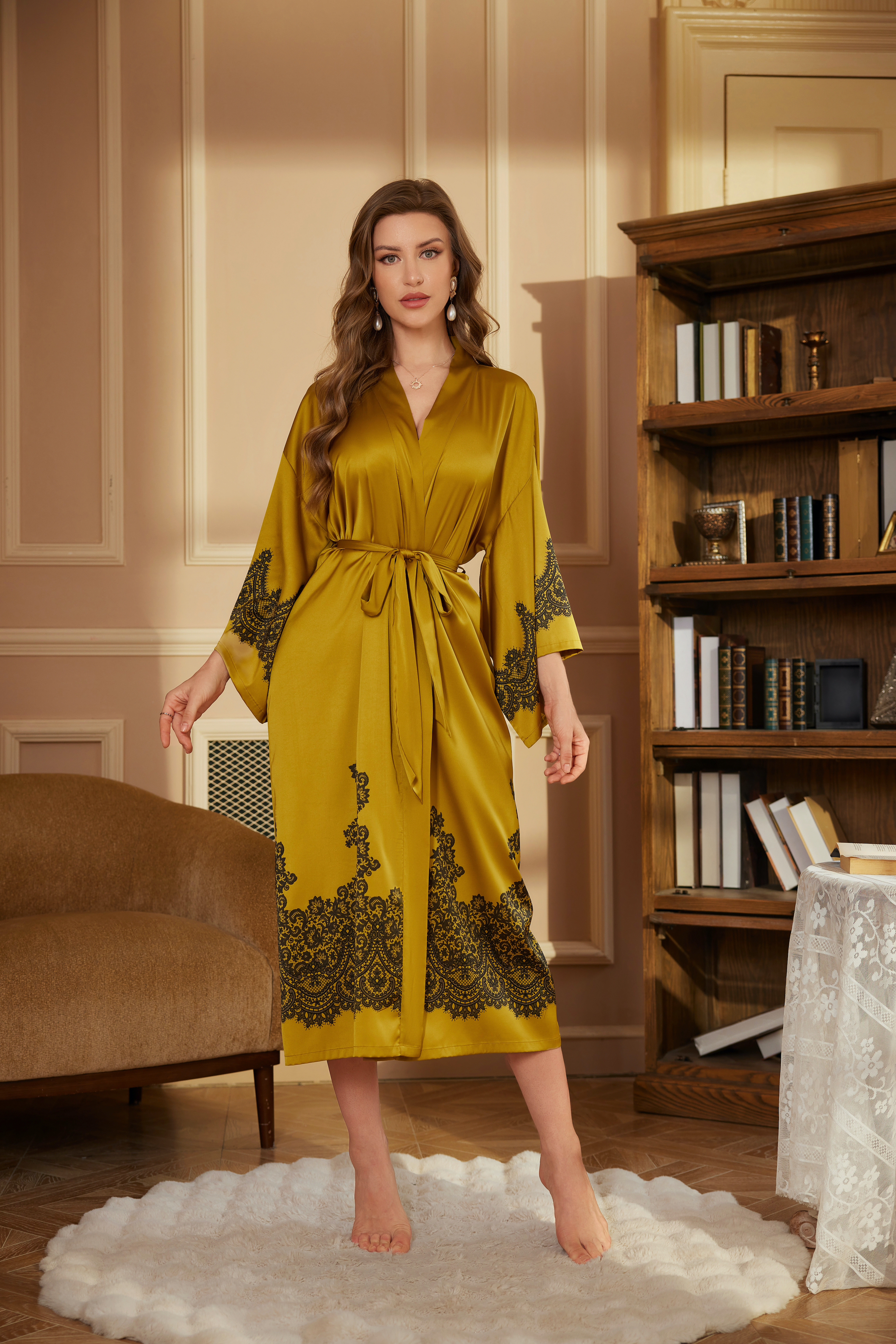 New luxury satin Amazonian bathrobe for women, spring long bathrobe, morning robe, long-sleeved nightgown