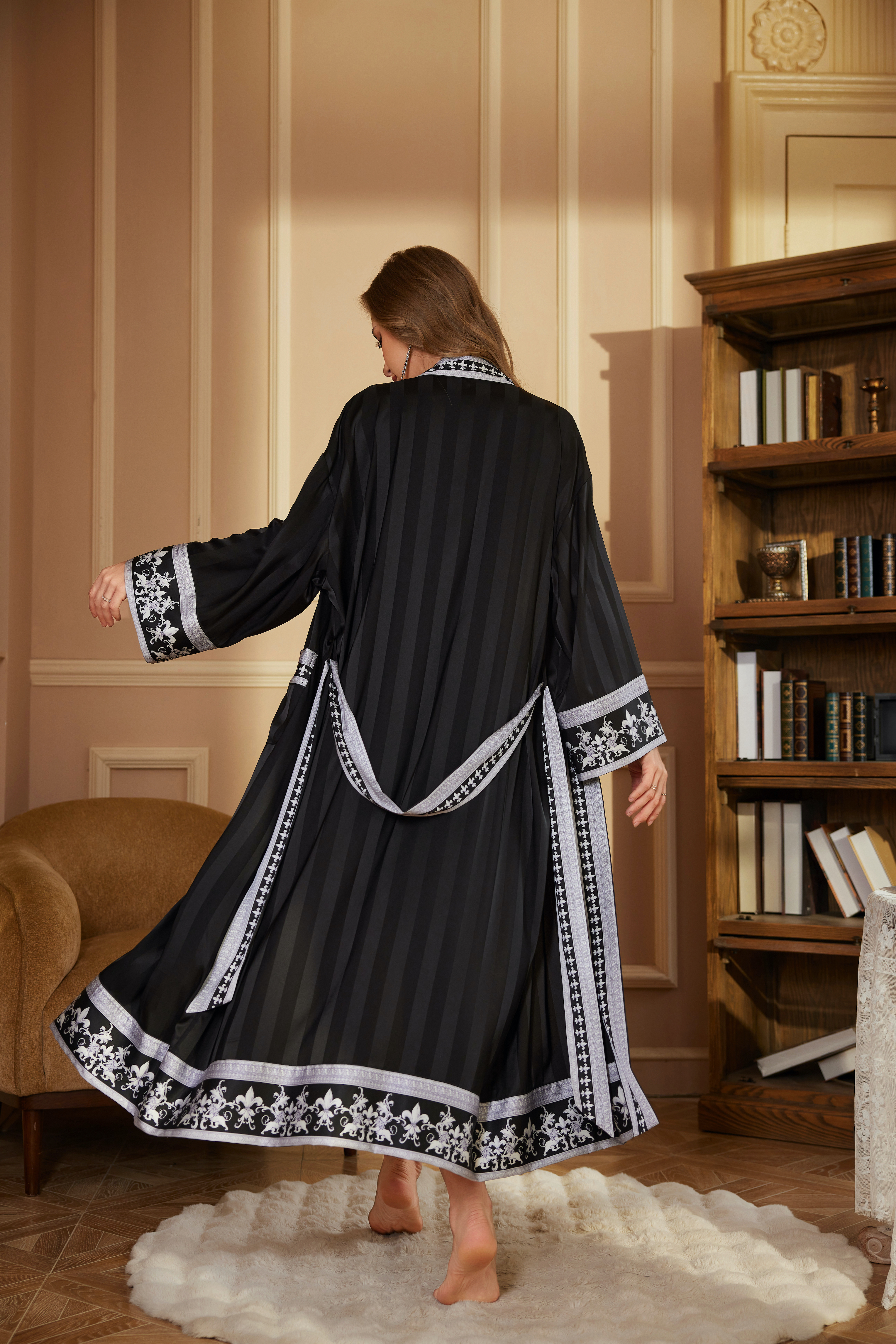 New long-sleeved robe, cross-border style, women's spring and autumn long robe, bathrobe, luxury bathrobe