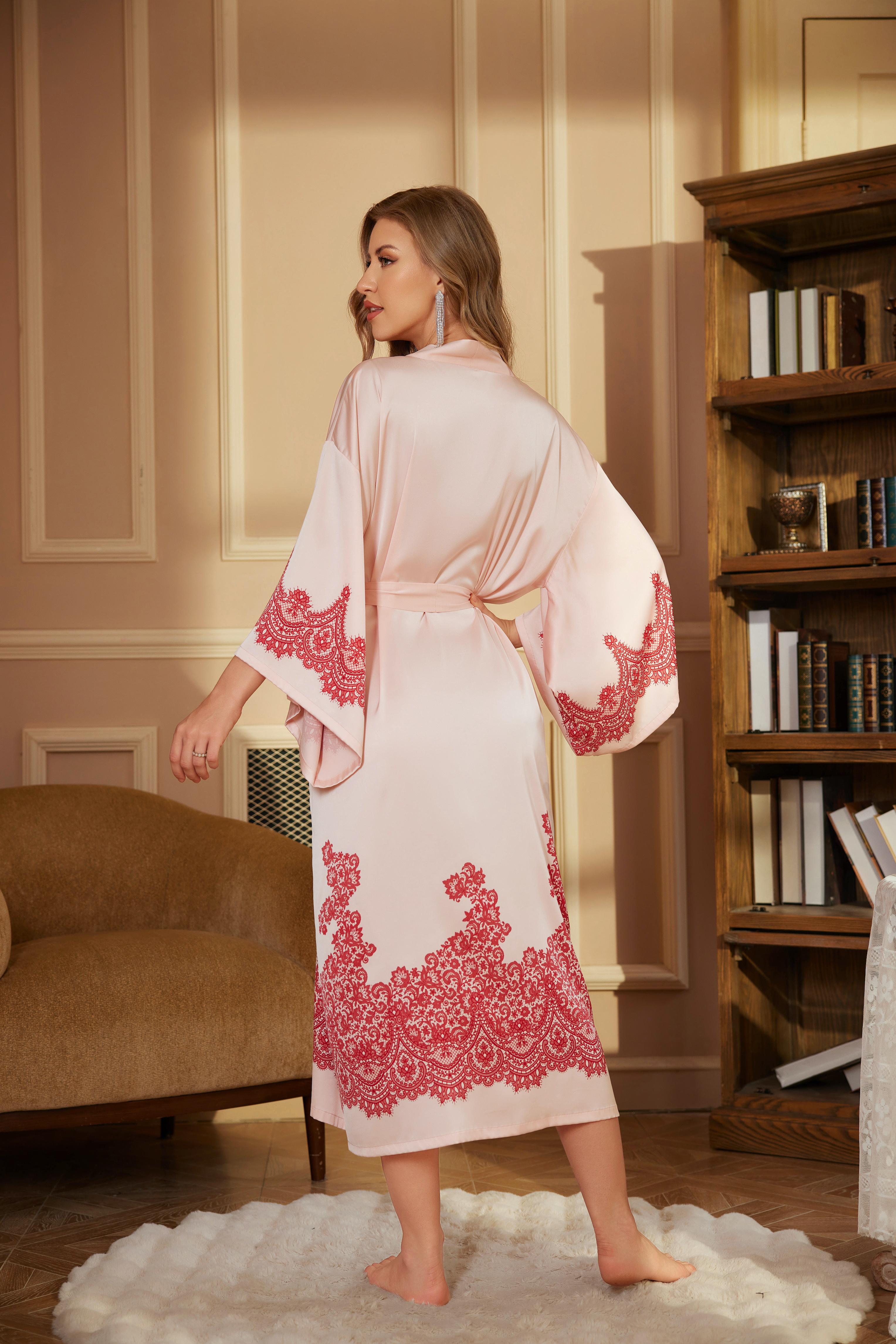 New luxury satin Amazonian bathrobe for women, spring long bathrobe, morning robe, long-sleeved nightgown