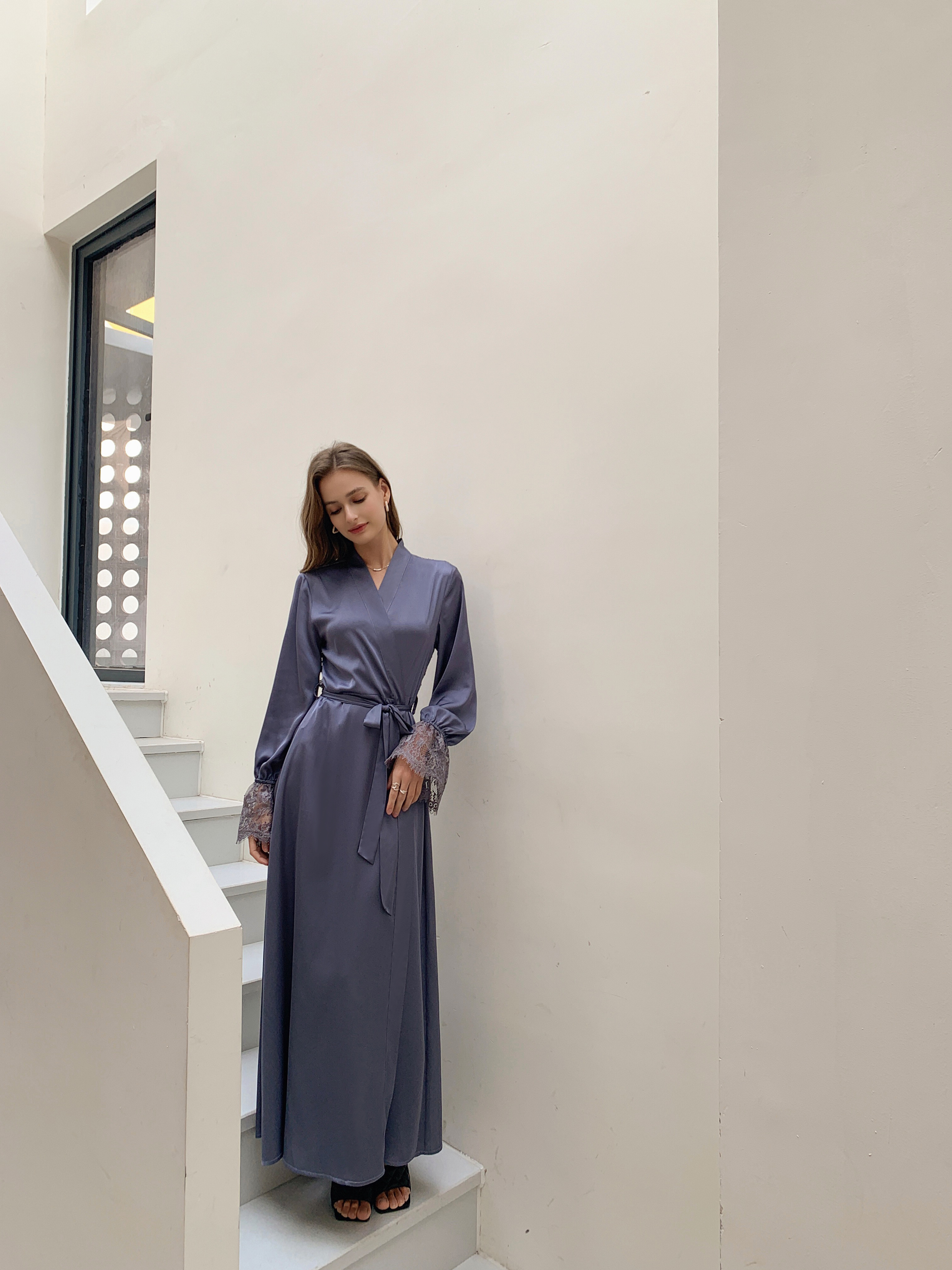 Women's Spring/Summer Pajamas, Satin Chiffon Pajamas with Lace Trim, French Elegance, Backless Robe, Home Wear