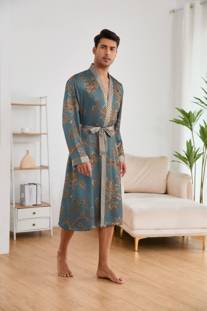 Elegant Green & Blue Patterned Satin Robe Set, Luxurious Lace-Trimmed Loungewear for Men