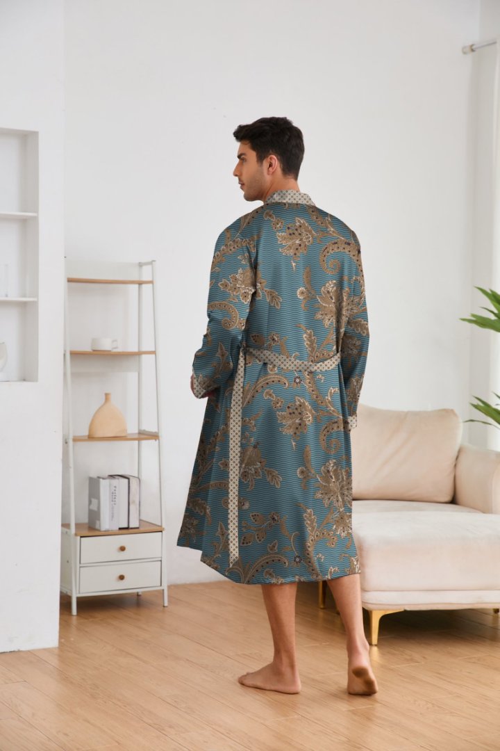 Elegant Green & Blue Patterned Satin Robe Set, Luxurious Lace-Trimmed Loungewear for Men