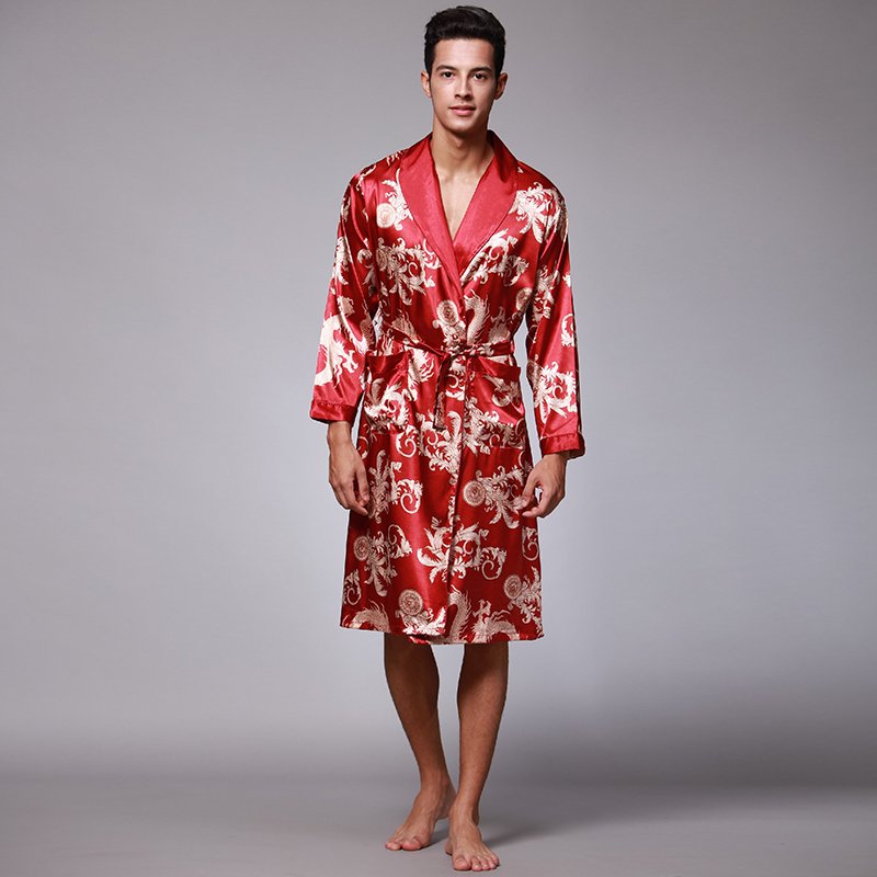 Wearable Long Sleeve Robe - Silk Satin & Ice Silk Men's Loungewear