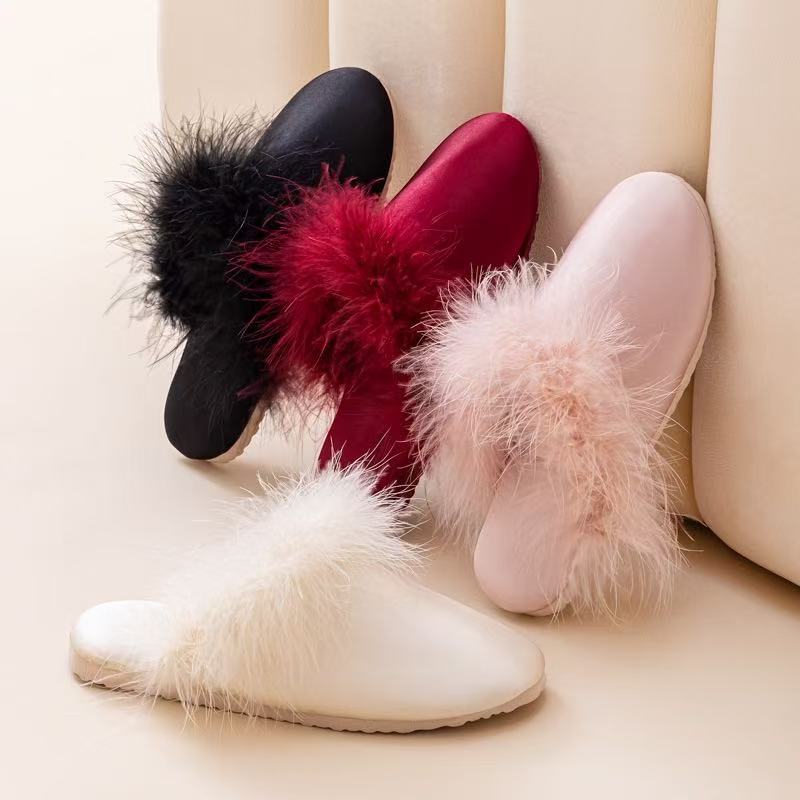 Feather Satin Lounge Slippers