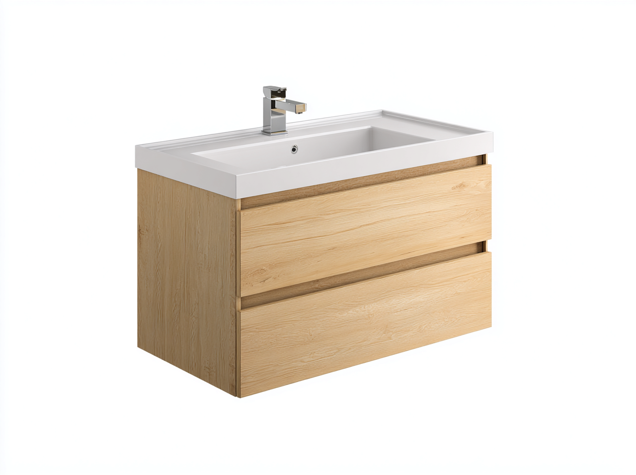 Mueble de baño con lavabo individual 90x46x56 cm - madera clara - con cajones de almacenaje