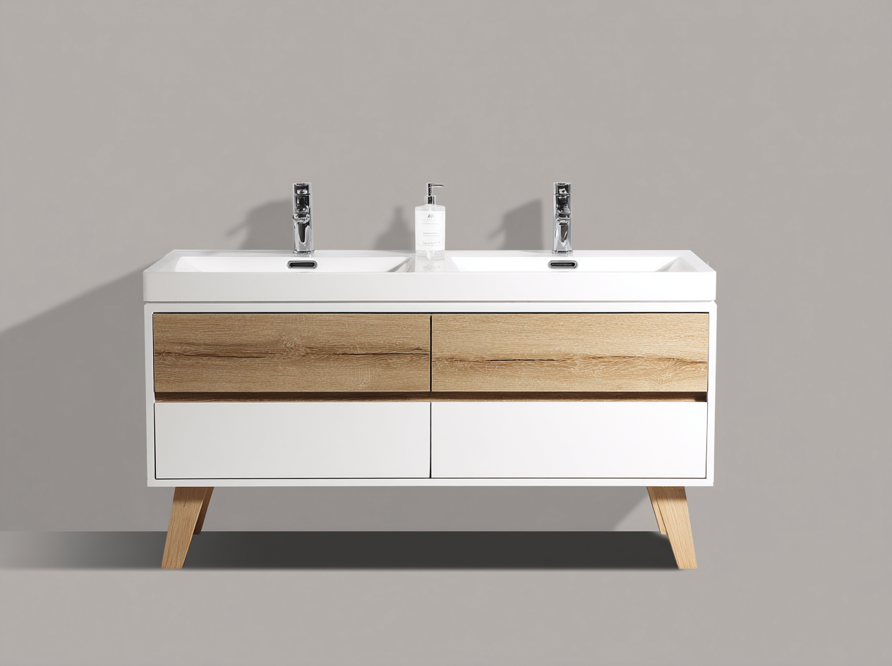 Mueble de baño con doble lavabo 130x47x85 cm - madera clara/blanco - con cajones y patas de apoyo