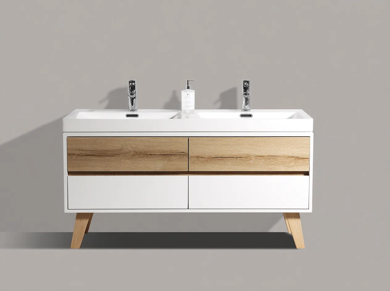 Mueble de baño con doble lavabo 130x47x85 cm - madera clara/blanco - con cajones y patas de apoyo