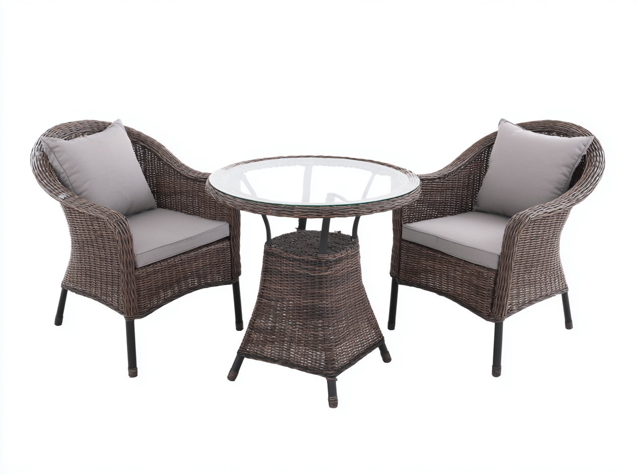 Conjunto de 2 sillones de ratán tejido 60x63x87 cm con mesa redonda de vidrio 68x68x72 cm - color marrón oscuro - estilo comedor para jardín y terraza