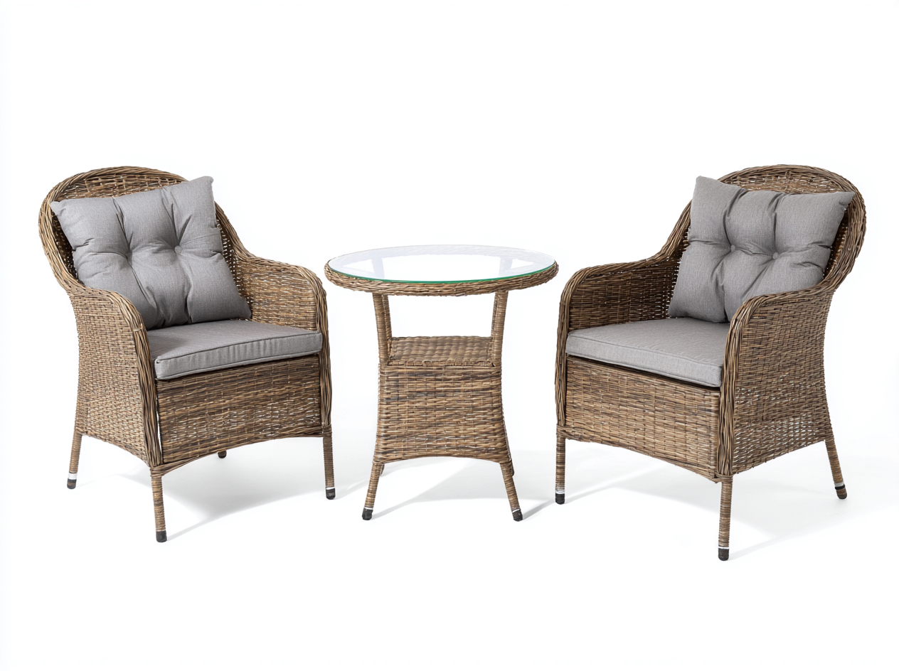 Conjunto de 2 sillones de ratán tejido 63x66x88 cm con mesa redonda de vidrio 58x58x70 cm - color marrón - estilo para jardín y terraza