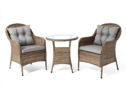 Conjunto de 2 sillones de ratán tejido 63x66x88 cm con mesa redonda de vidrio 58x58x70 cm - color marrón - estilo para jardín y terraza