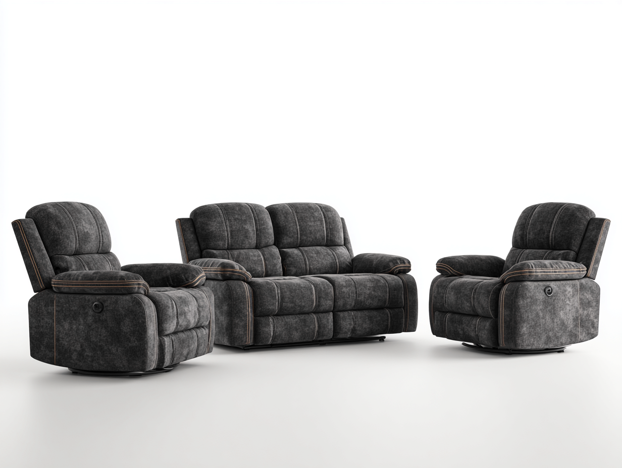 Juego de sofá 2 plazas 160x95x100 cm y 2 sillones reclinables 95x95x100 cm tapizados en tela - gris oscuro - diseño ergonómico y confortable