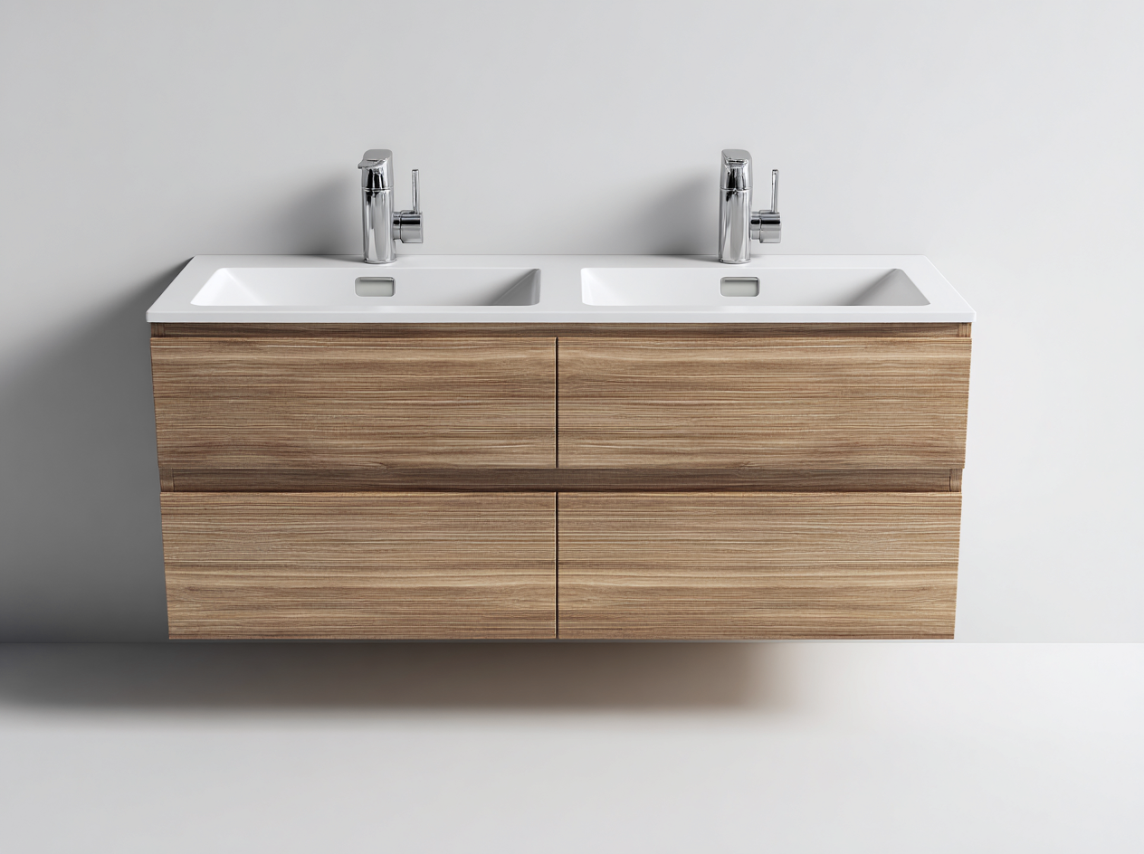 Mueble de baño con doble lavabo 120x46x55 cm - madera clara - con cajones de almacenaje