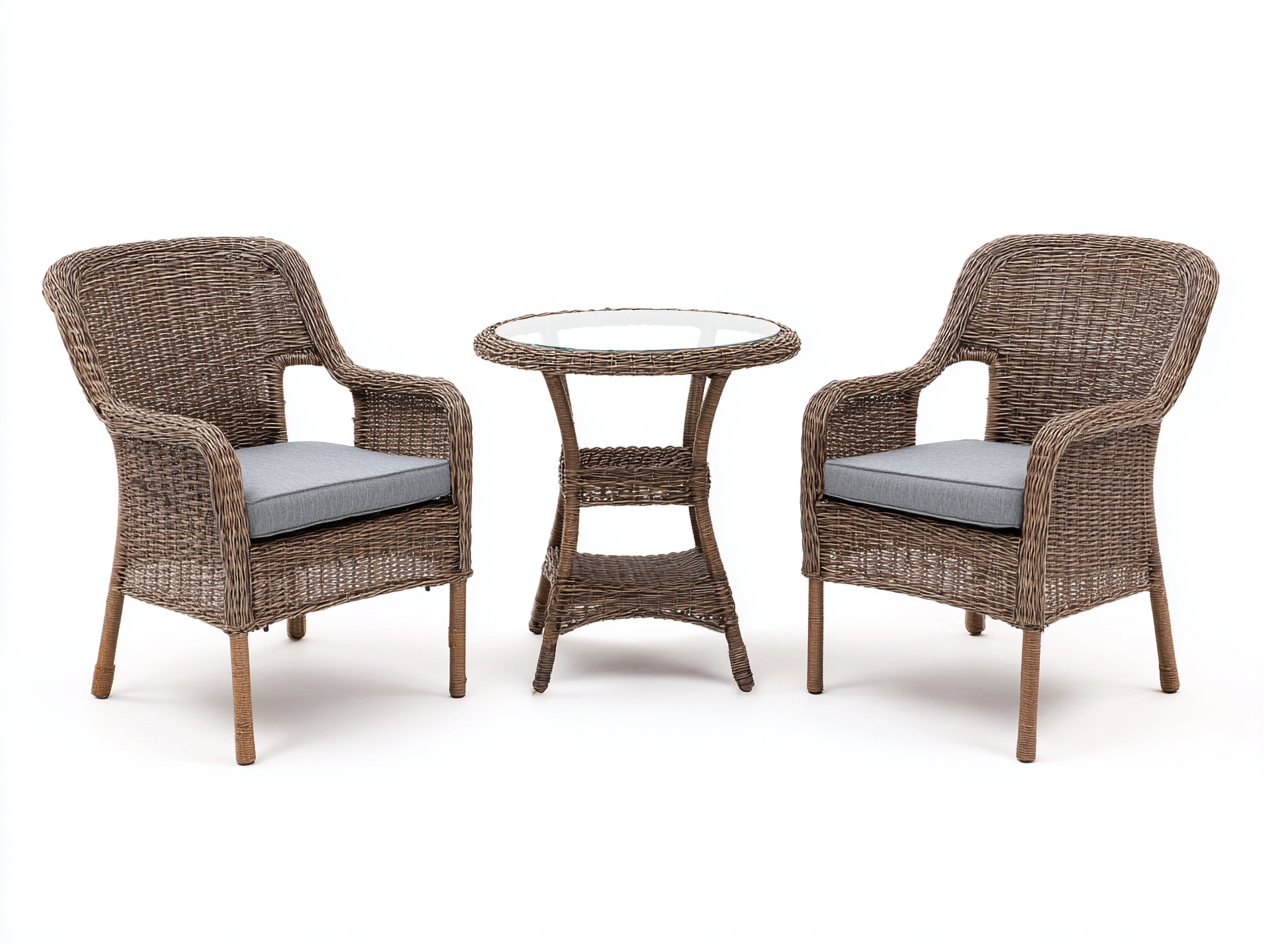 Conjunto de 2 sillones de ratán tejido 62x65x90 cm con mesa redonda de vidrio 60x60x70 cm - color marrón - estilo para jardín y terraza