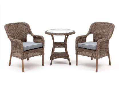 Conjunto de 2 sillones de ratán tejido 62x65x90 cm con mesa redonda de vidrio 60x60x70 cm - color marrón - estilo para jardín y terraza