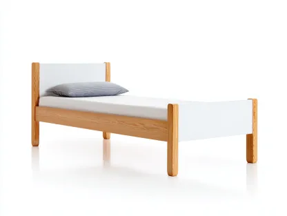 Cama individual madera maciza 100x200x90 cm - blanco/roble - con cabecero y pie de cama